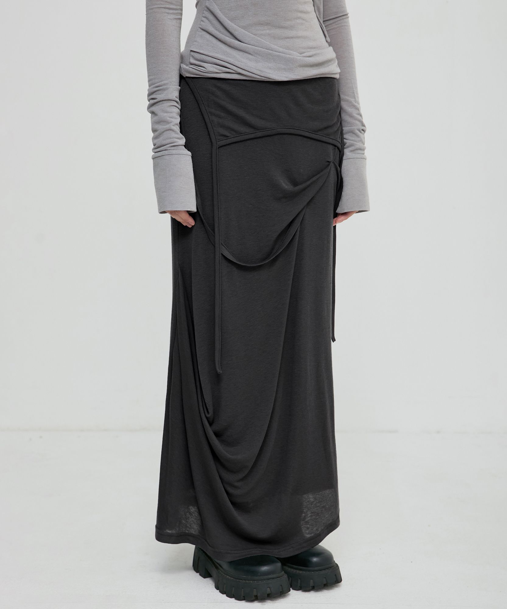 MUSINSA | FLAREUP Asymmetrical Draped Long Skirt (FL-263_Black)