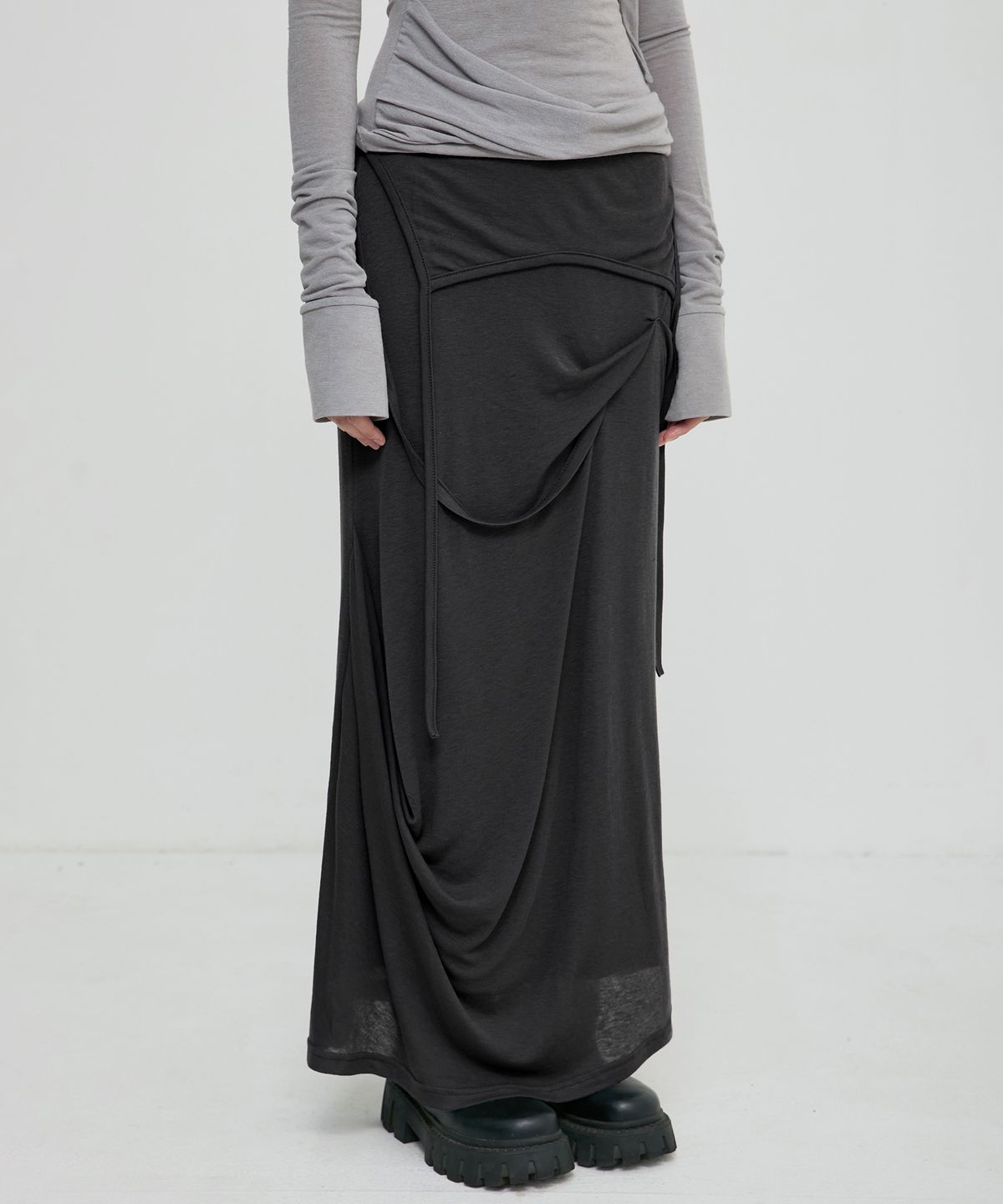 플레어업(FLAREUP) Asymmetrical Draped Long Skirt (FL-263_Black)
