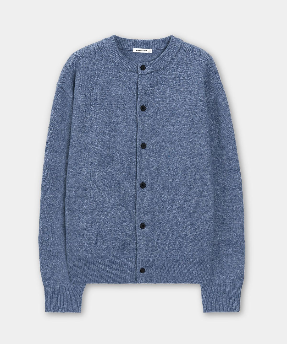 엑스컨테이너(EXCONTAINER) 미니멀 버튼 라운드넥 크롭 가디건 (BLUE)