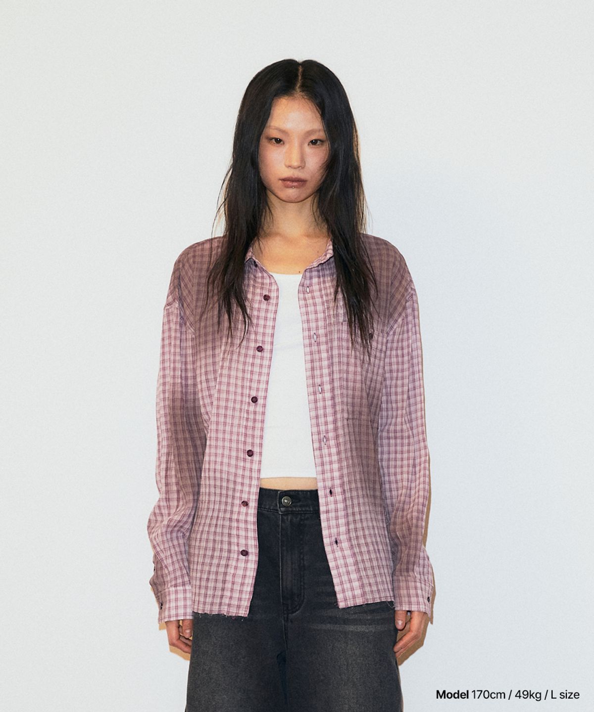 마하그리드(MAHAGRID) SPRAY DYEING CHECK CROP SHIRT PURPLE(MG2GSMW322A)