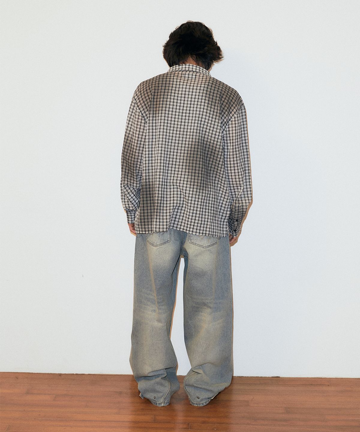 마하그리드(MAHAGRID) SPRAY DYEING CHECK CROP SHIRT BLACK(MG2GSMW322A)