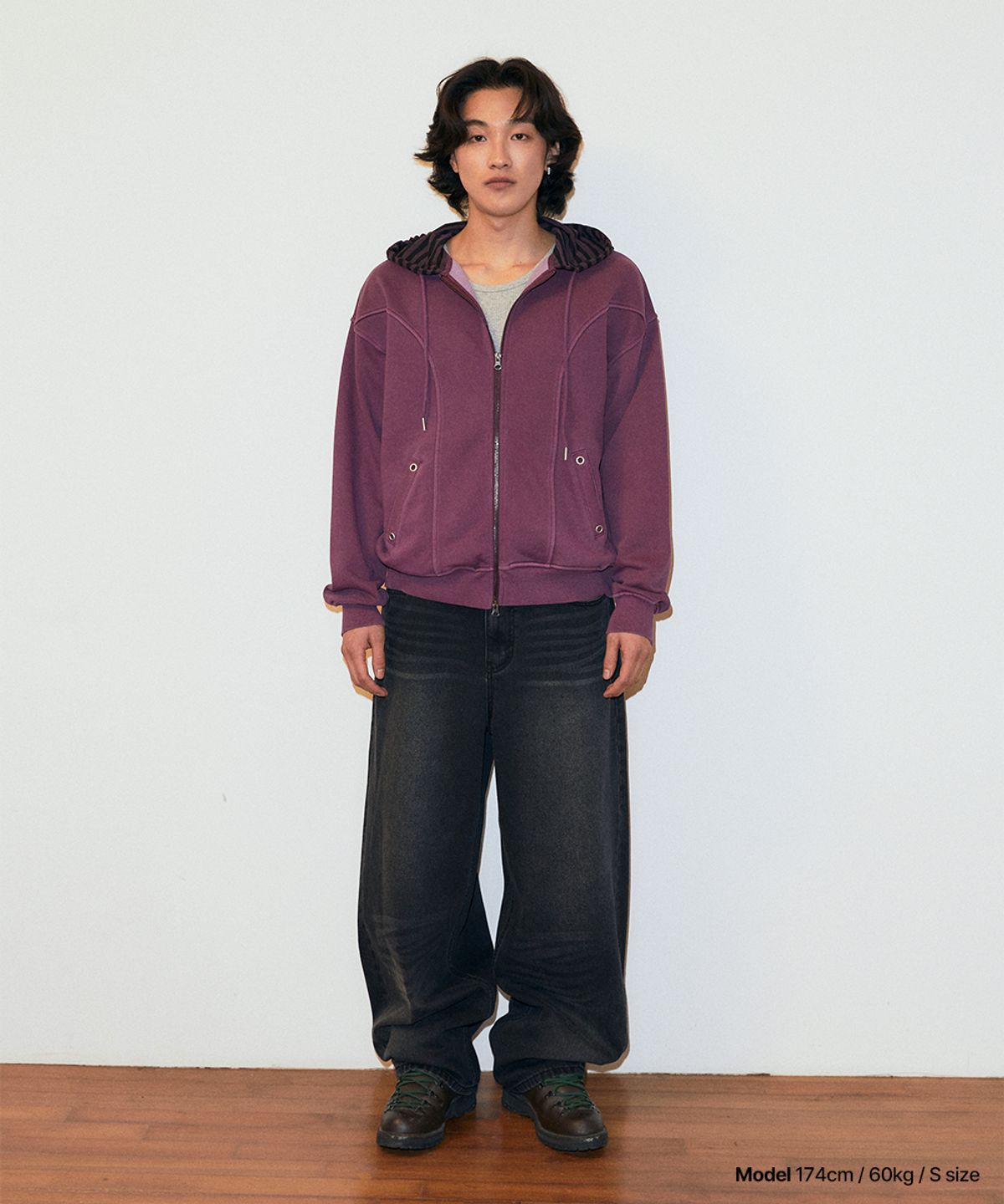 마하그리드(MAHAGRID) PIGMENT STRIPE MIXED ZIP UP HOODIE PURPLE(MG2FFFM492A)