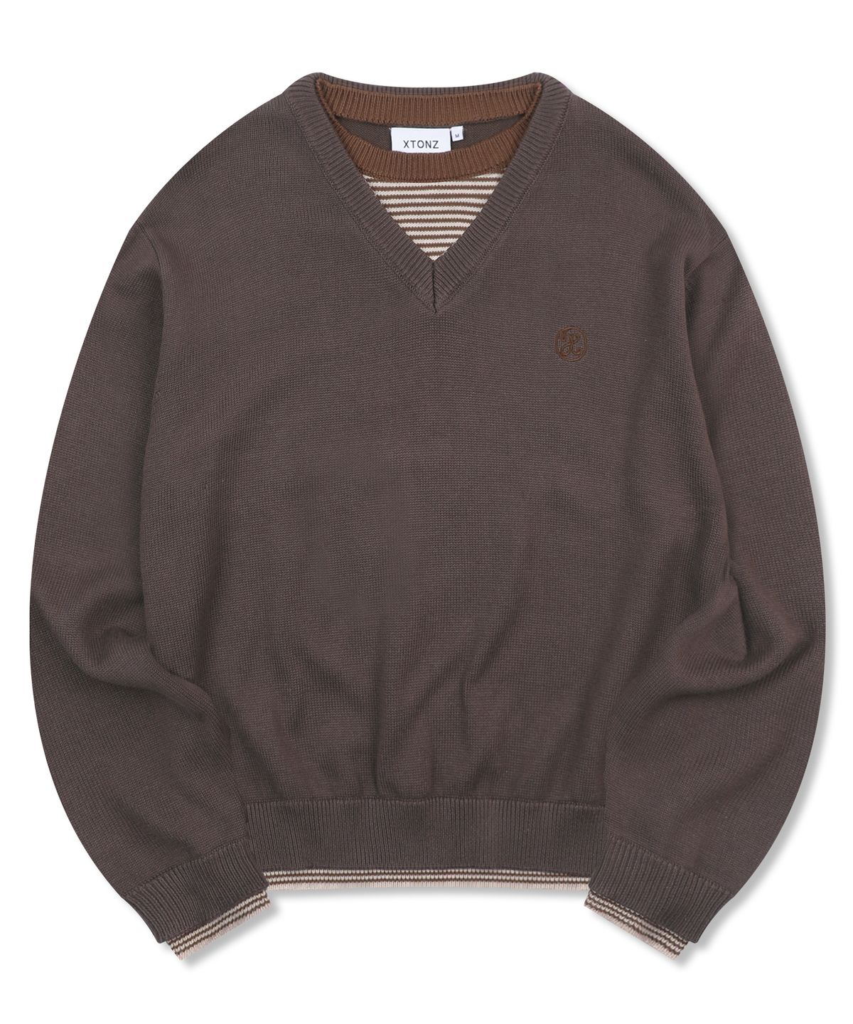엑스톤즈(XTONZ) XTK180 스트라이프 레이어드 브이넥 풀오버 니트 (BROWN)