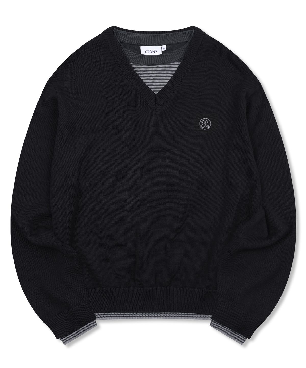 엑스톤즈(XTONZ) XTK180 스트라이프 레이어드 브이넥 풀오버 니트 (BLACK)