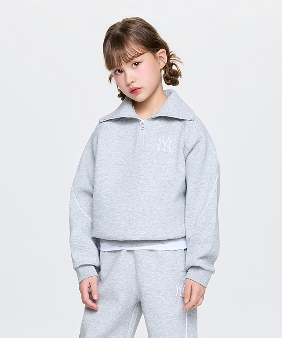 엠엘비 키즈(MLB KIDS) 스포티브 애슬레저 반집업 레이어드 맨투맨(여아) NY (L.Melange Grey)