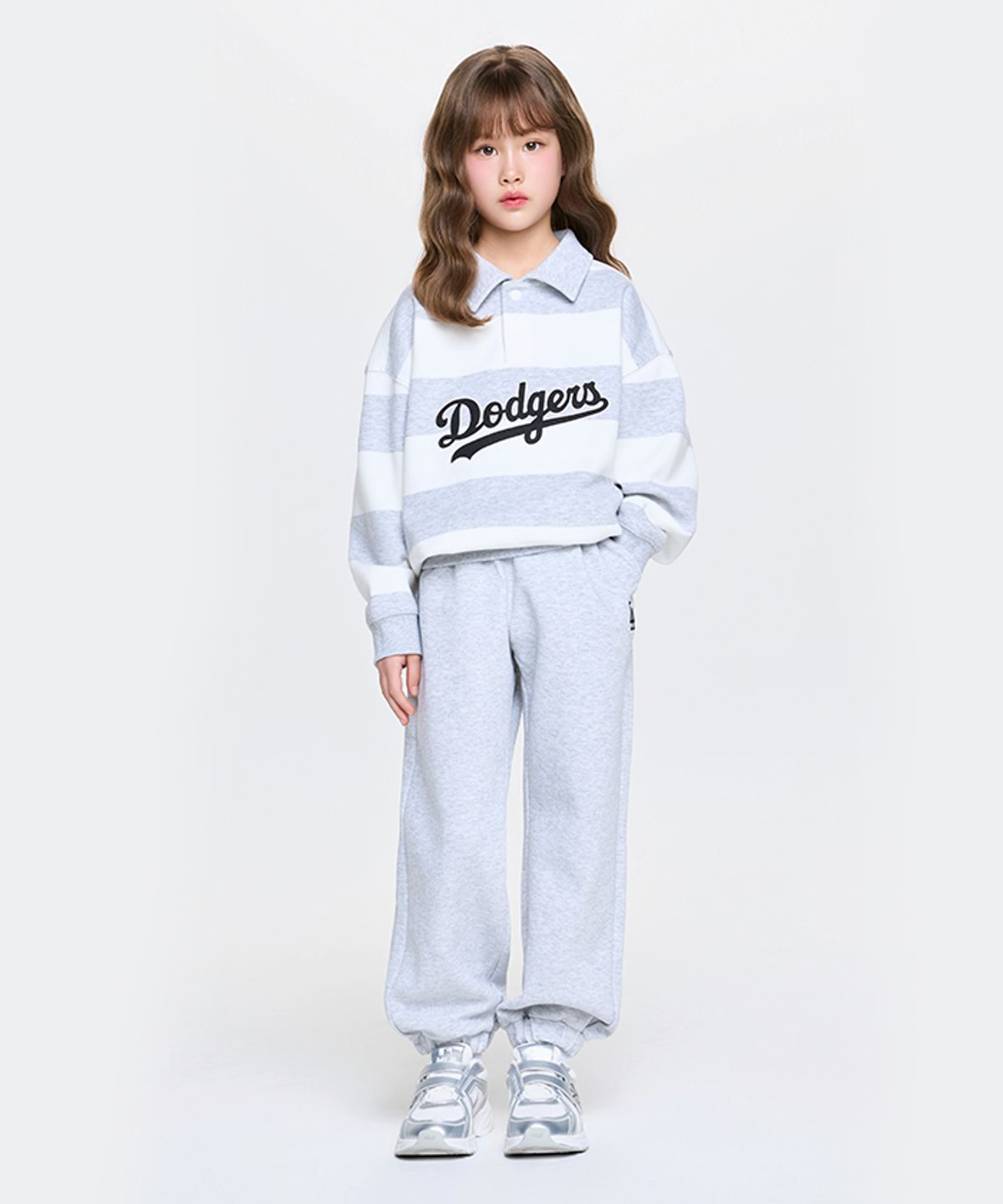 엠엘비 키즈(MLB KIDS) 스포티브 바시티 럭비 스트라이프 카라 맨투맨세트 LA (L.Melange Grey)