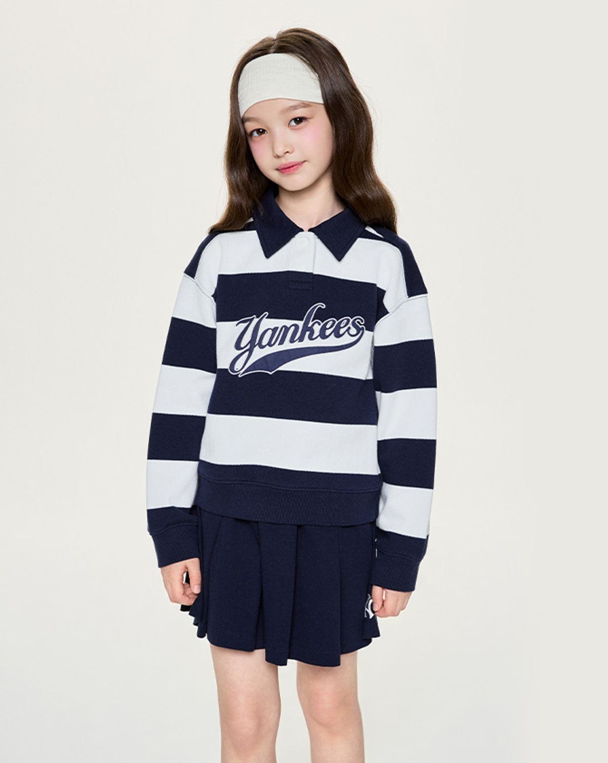 엠엘비 키즈(MLB KIDS) 스포티브 바시티 럭비 스트라이프 카라 맨투맨세트(여아) NY (Navy)