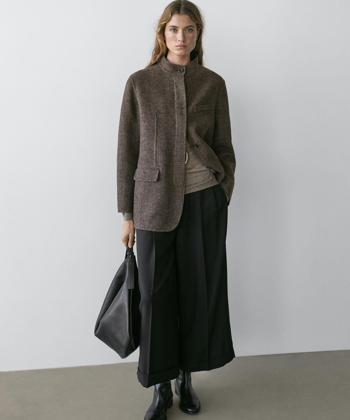 마시모두띠(MASSIMO DUTTI) 하이 칼라 트윌 울 블렌드 코트