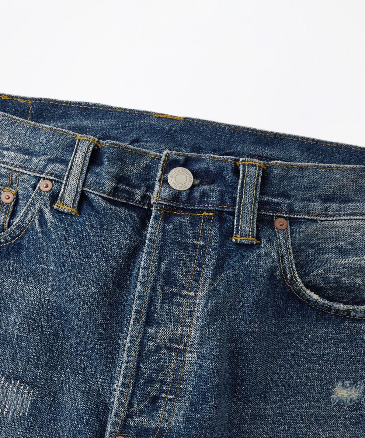 아웃스탠딩(OUTSTANDING) 30S CINCH BACK SELVEDGE WIDE PANTS_REPAIR BLUE