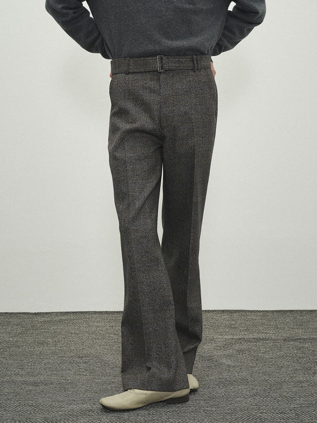 포커페이스(POKERFACE) BELTED STRAIGHT FLARE TROUSERS BLUE CHECK (MARZOTTO)
