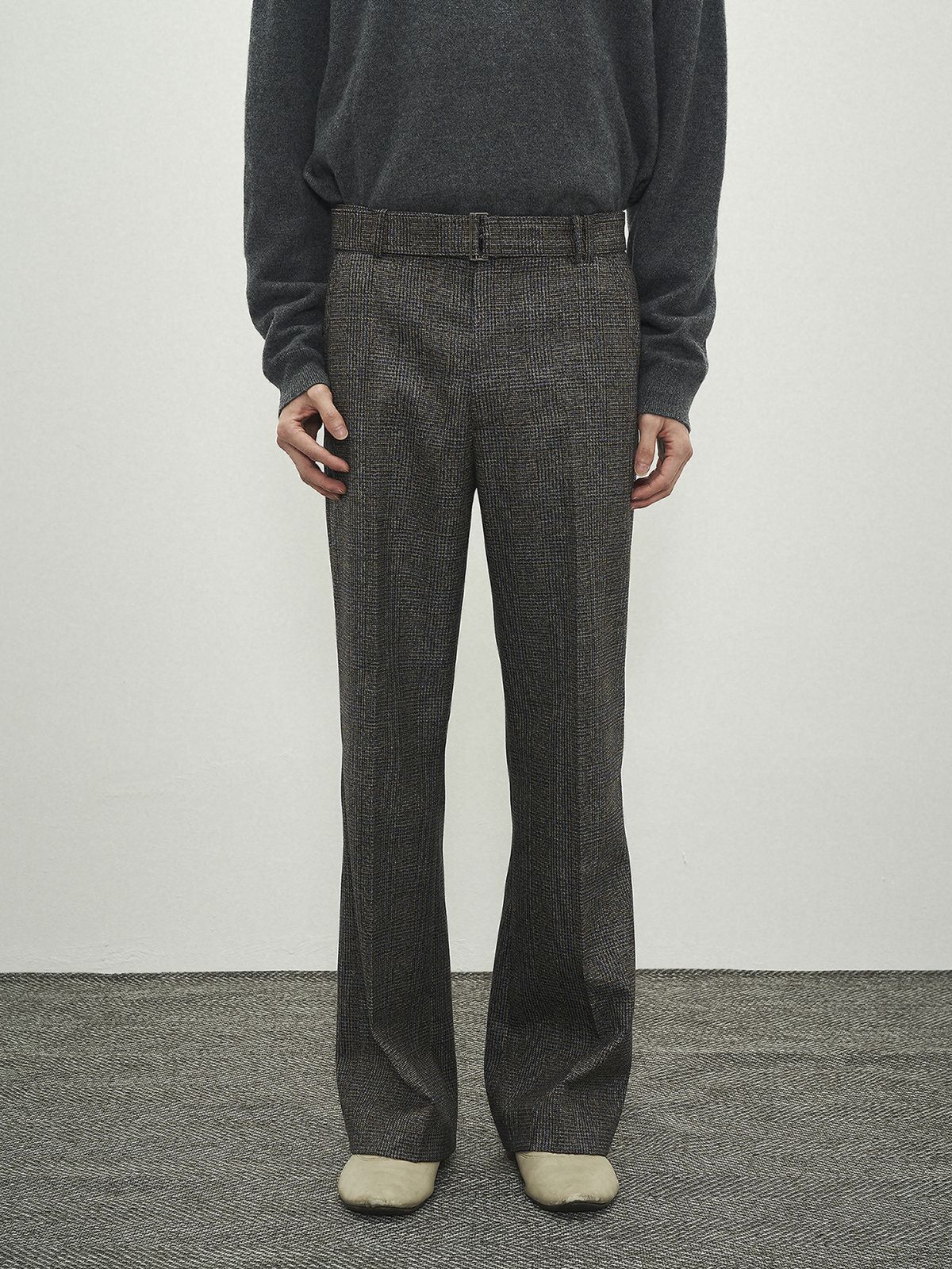 포커페이스(POKERFACE) BELTED STRAIGHT FLARE TROUSERS BLUE CHECK (MARZOTTO)