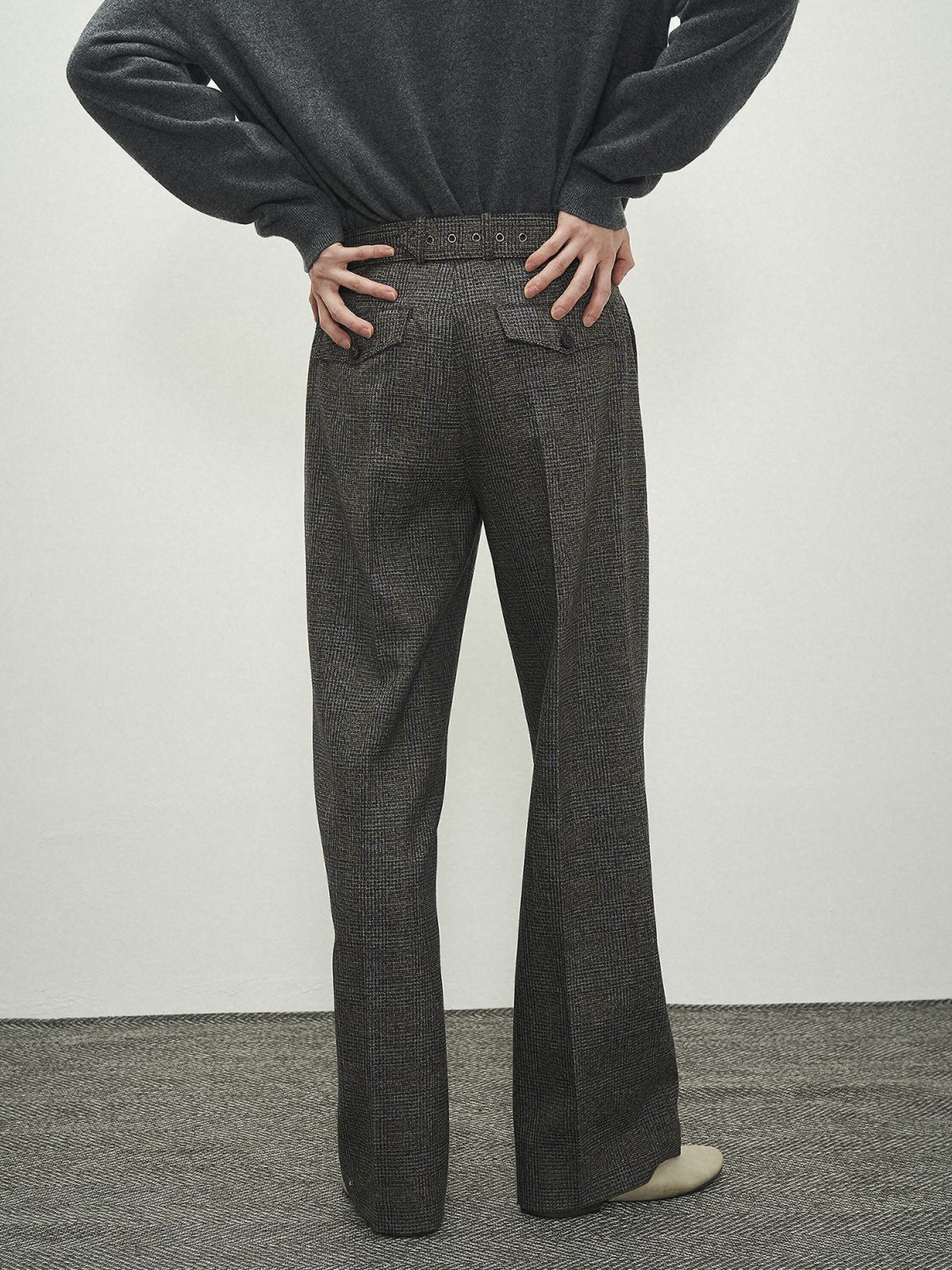 포커페이스(POKERFACE) BELTED STRAIGHT FLARE TROUSERS BLUE CHECK (MARZOTTO)