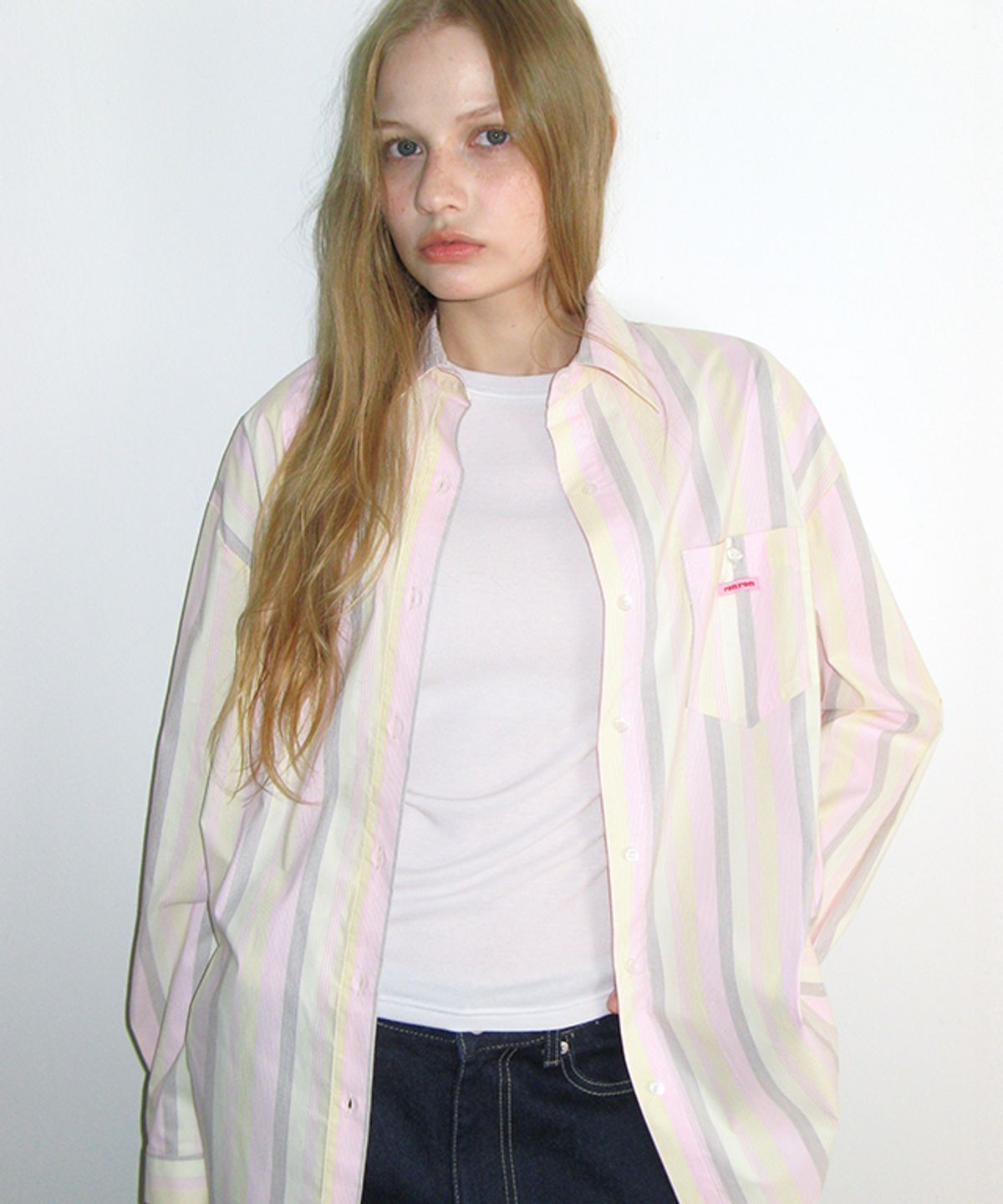 론론(RONRON) BUTTON POCKET OVERSIZED SHIRT PINK STRIPE