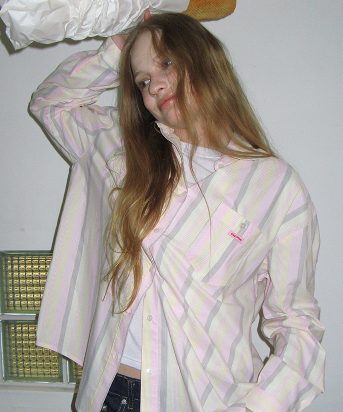 론론(RONRON) BUTTON POCKET OVERSIZED SHIRT PINK STRIPE