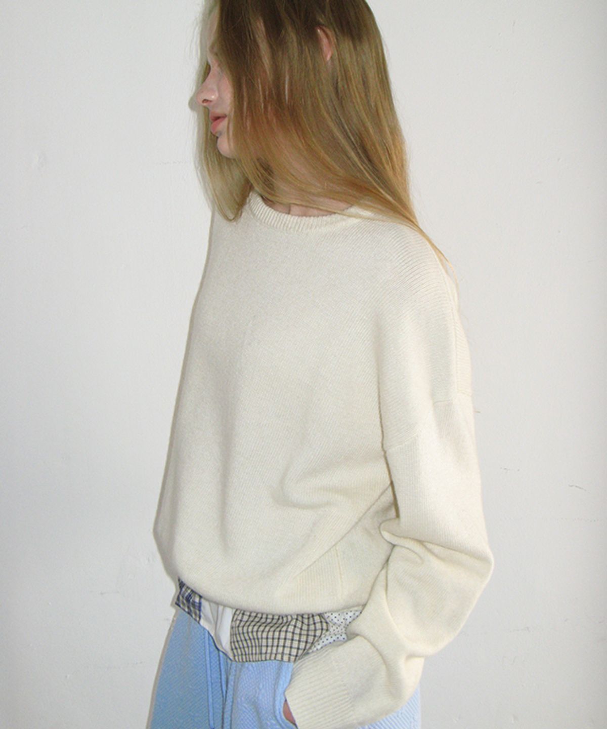 론론(RONRON) PATCHWORK FRILL KNIT PULLOVER IVORY