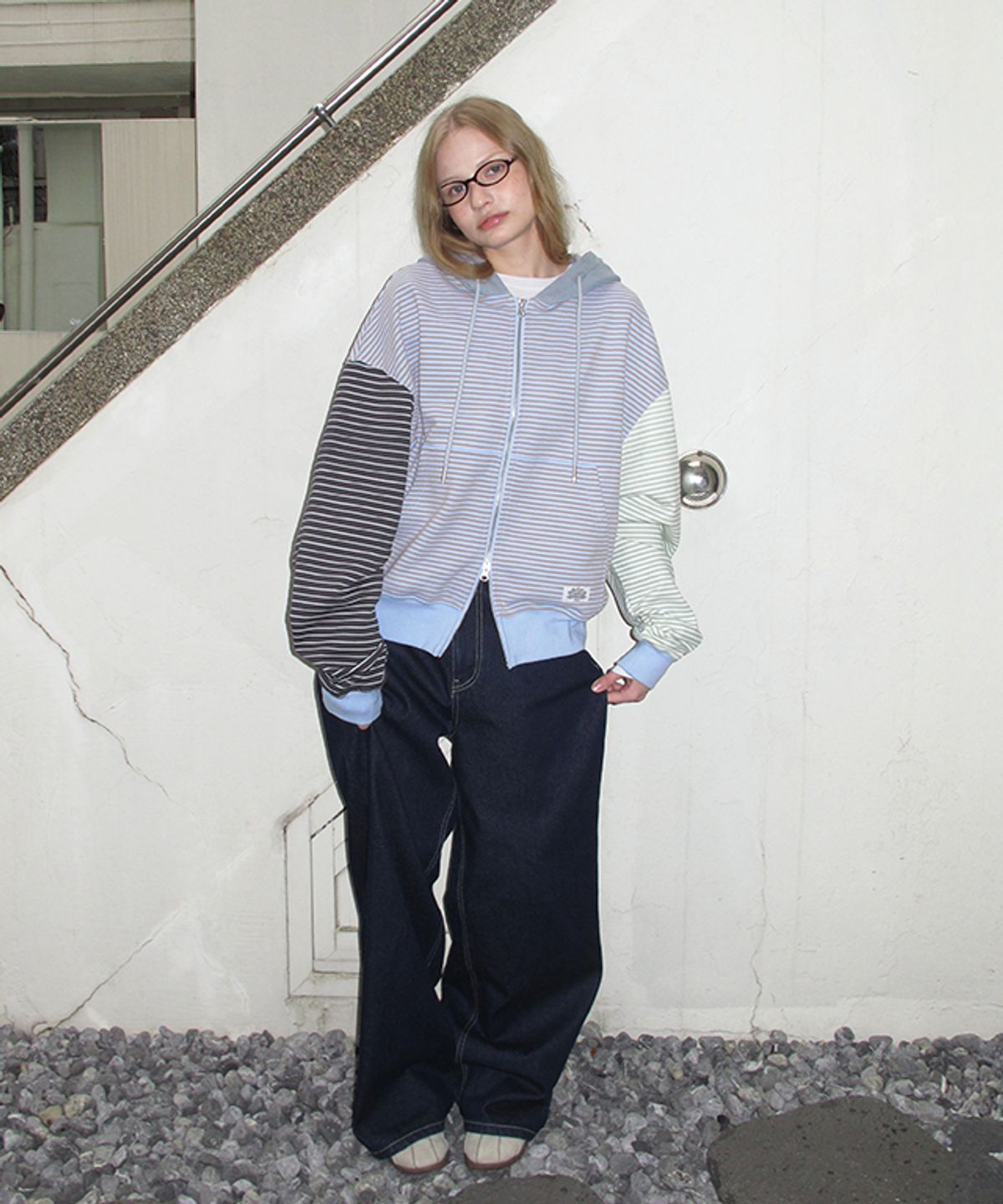 론론(RONRON) 3 MULTI STRIPE HOODIE ZIP UP BLUE