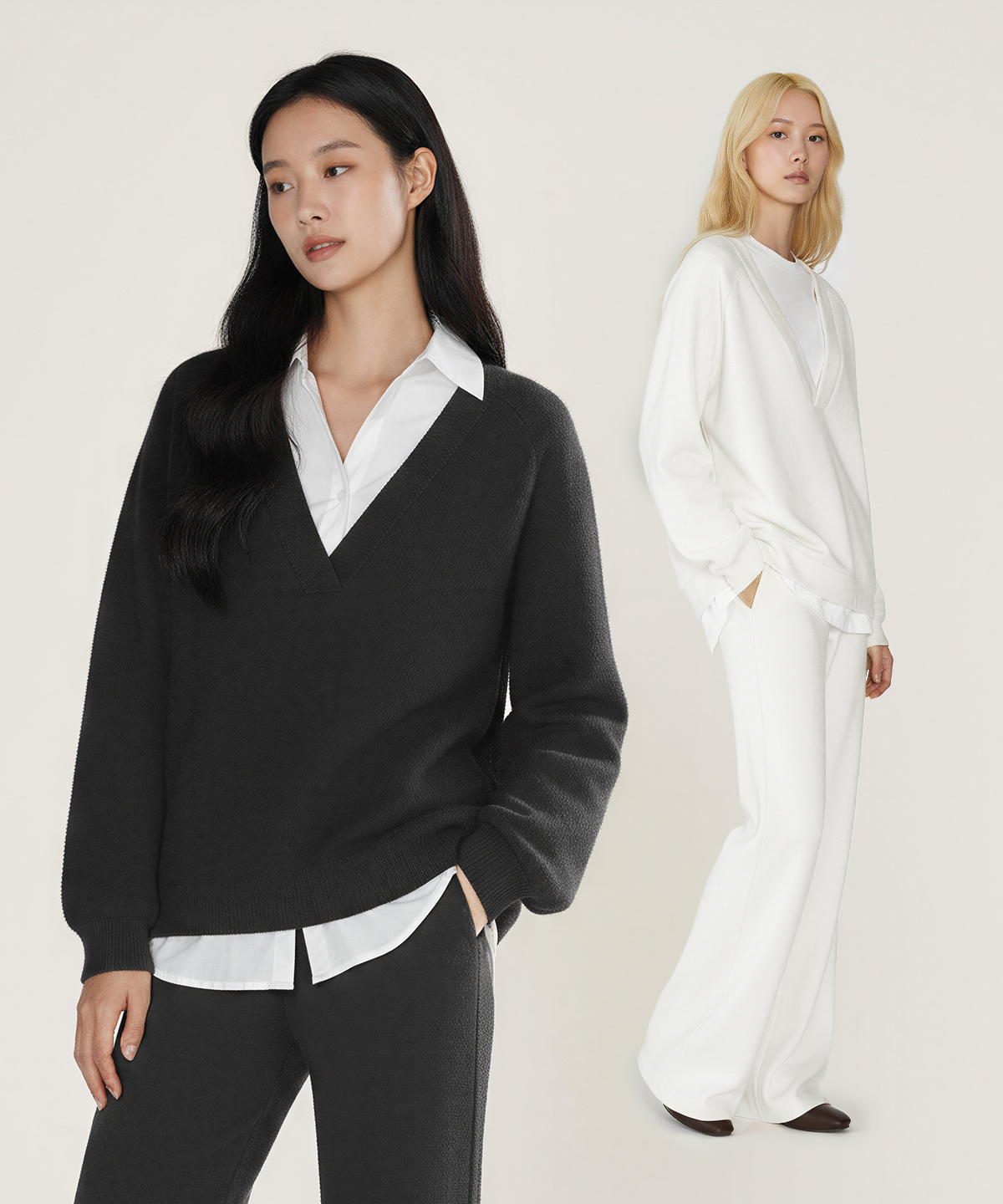 버튼서울(BUTTON SEOUL) [우먼즈] 슬림 라인 V-넥 루즈탑 (2 COLORS)