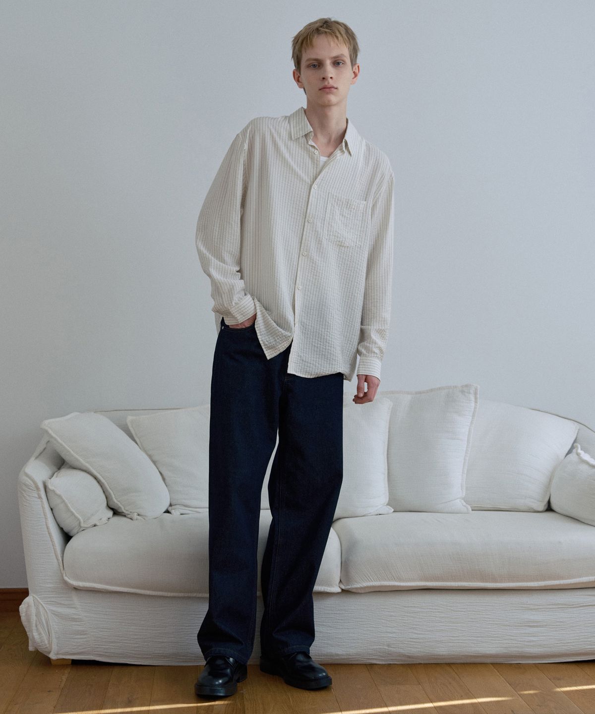 마인드브릿지(MINDBRIDGE) [COUTURE]스트라이프 오버핏 데일리 셔츠 - 2color