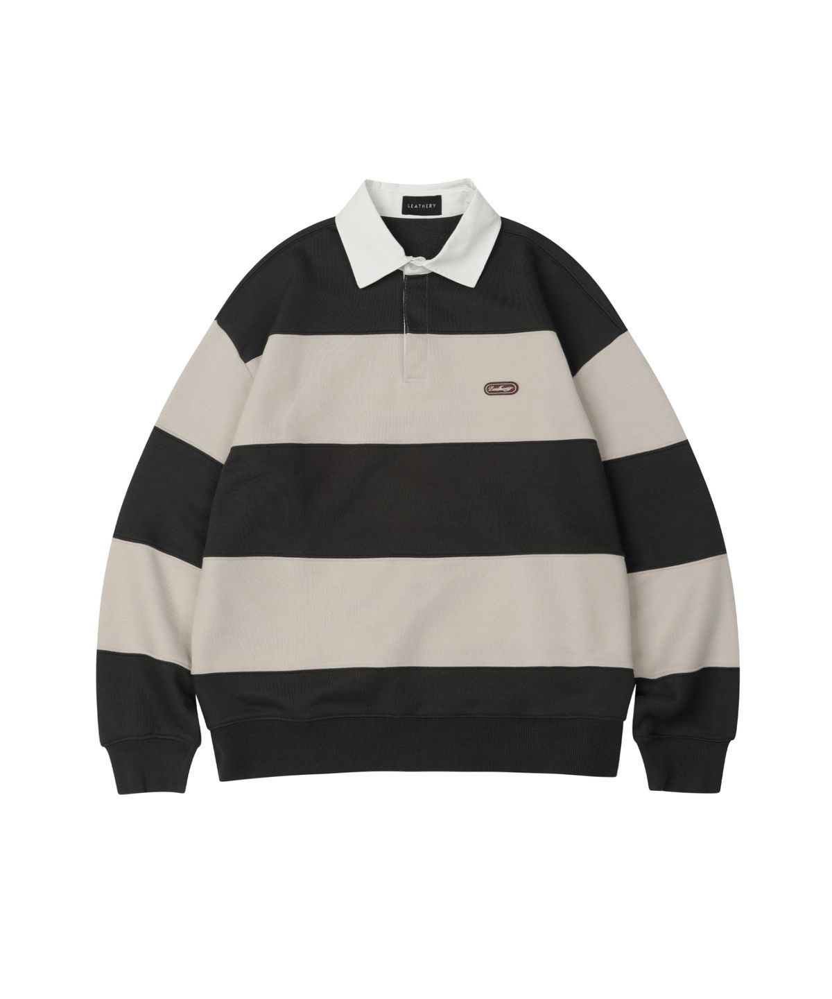레더리(LEATHERY) 로고 와펜 스트라이프 럭비 스웨트 셔츠 [CHARCOAL]