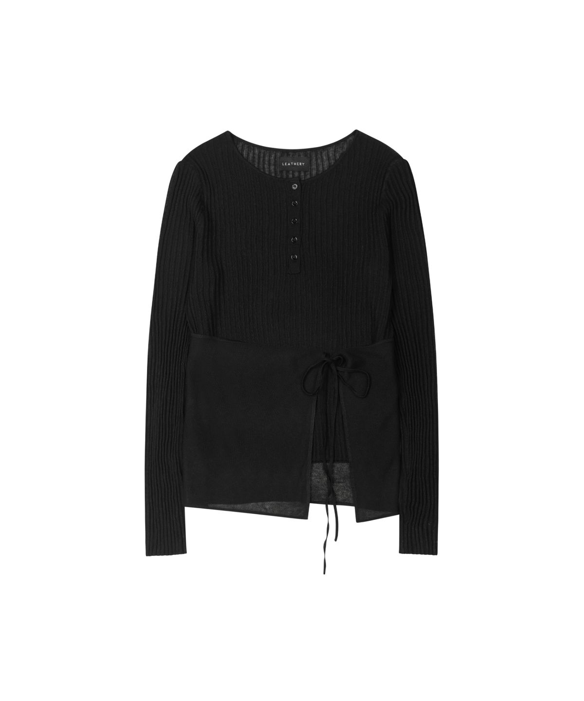 레더리(LEATHERY) 헨리넥 레이어드 세트 린넨 니트 탑 [BLACK]
