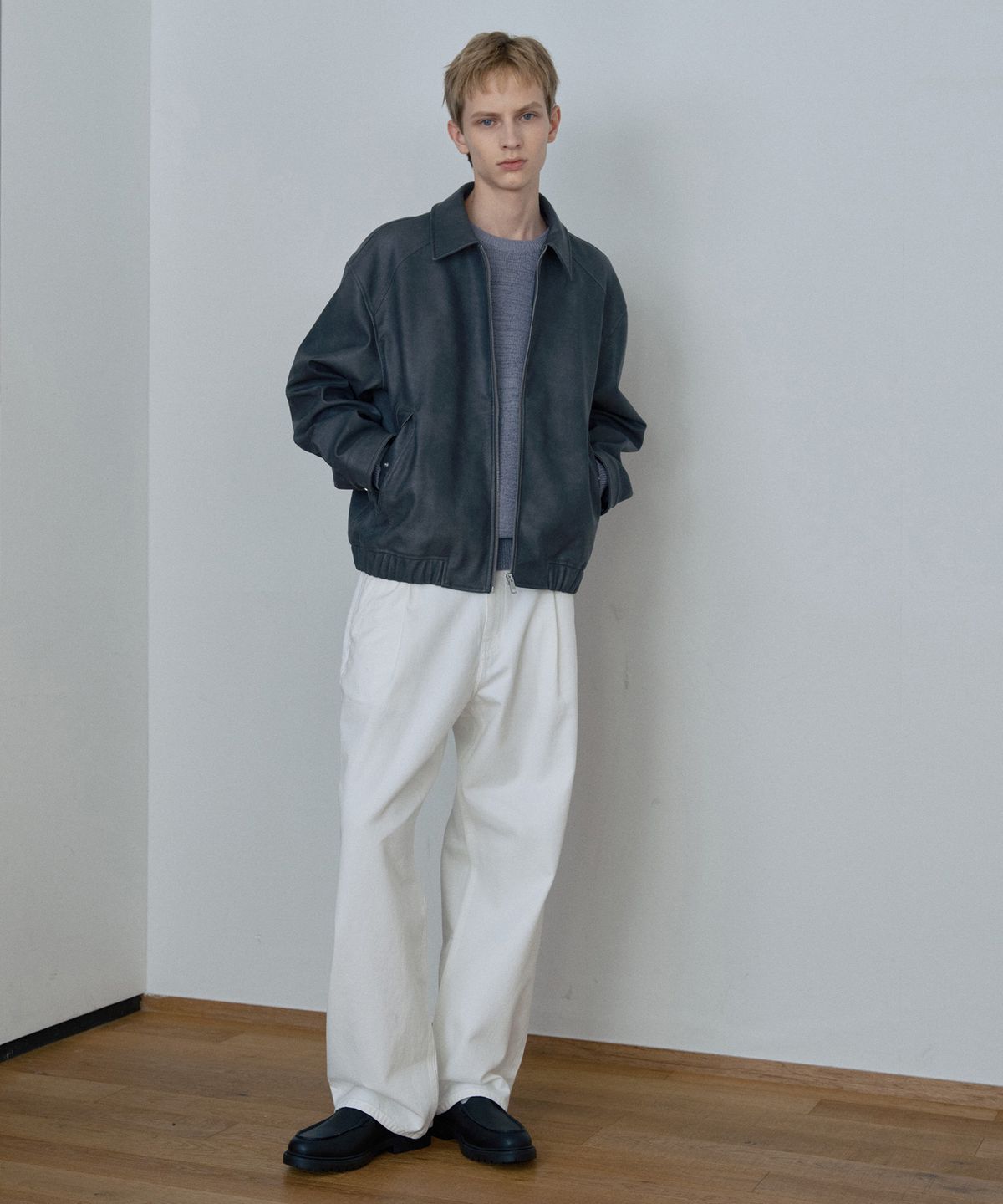 마인드브릿지(MINDBRIDGE) [COUTURE]워시드 그레이 레더 블루종