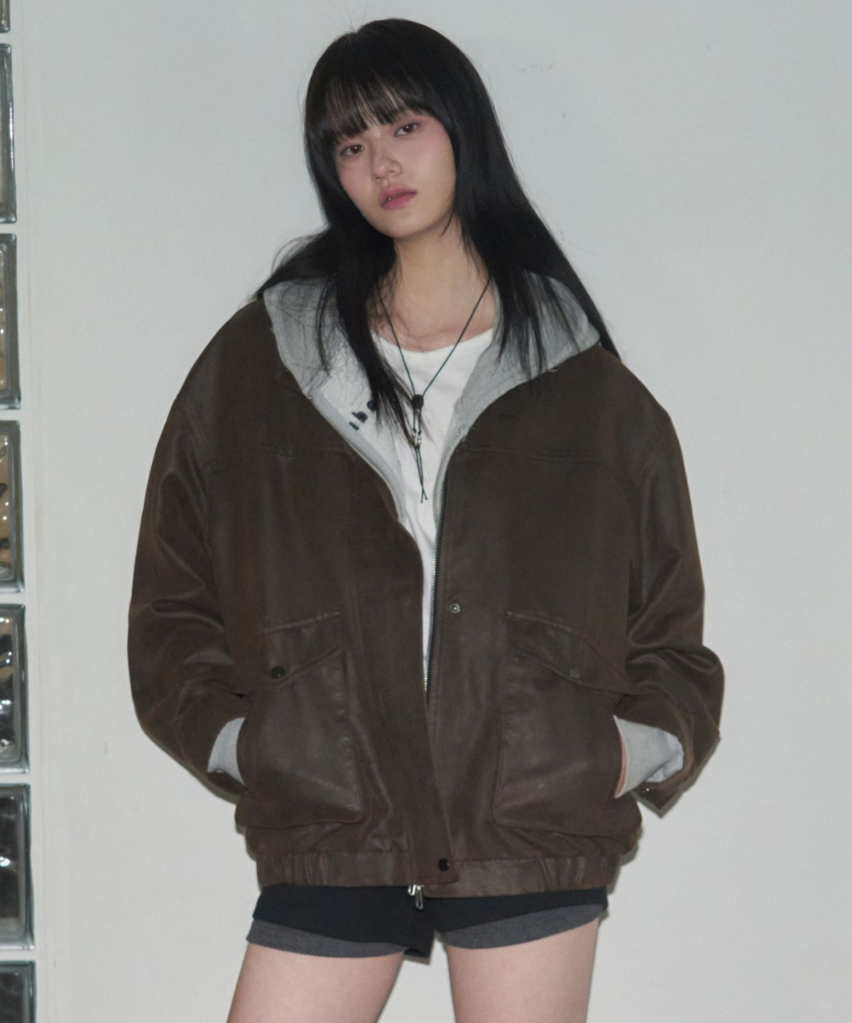 레더리(LEATHERY) 하이넥 워시드 레더 블루종 자켓 [BROWN]