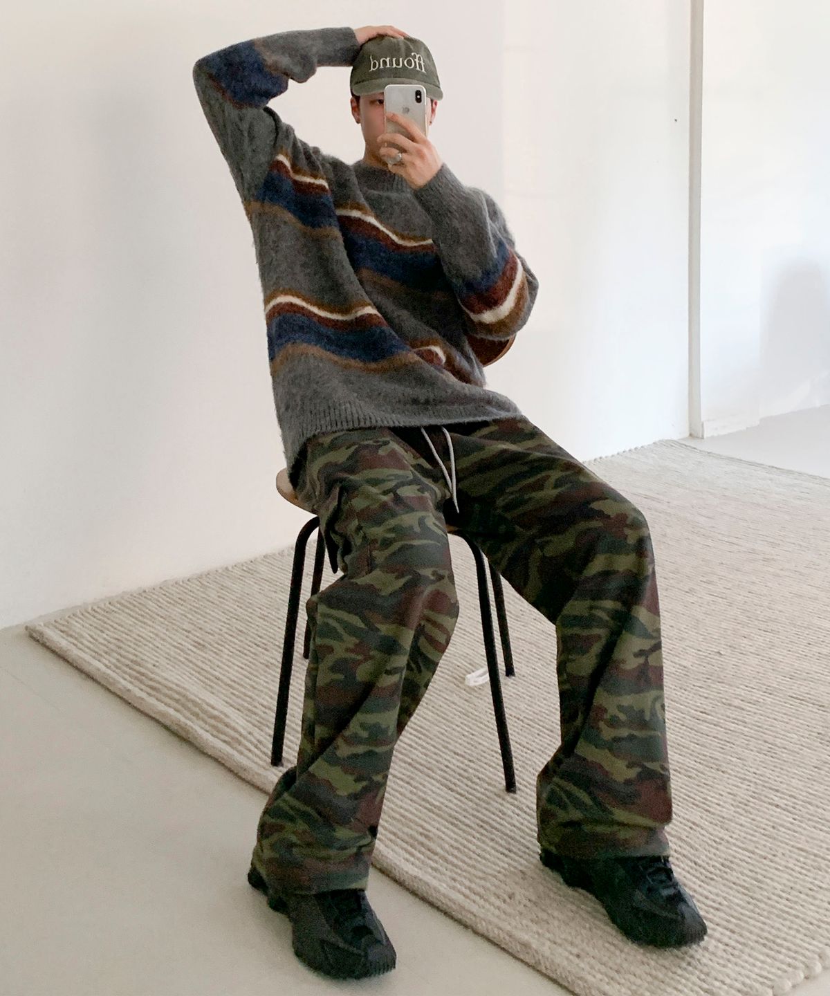 락트개러지(ROCKED GARAGE) UNISEX 기모 트레이닝 와이드 카고 팬츠_카모