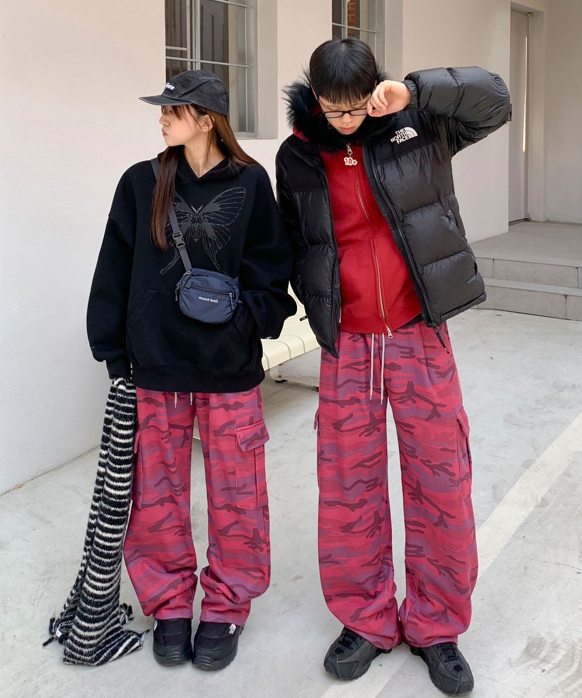 락트개러지(ROCKED GARAGE) UNISEX 기모 트레이닝 와이드 카고 팬츠_핑크카모