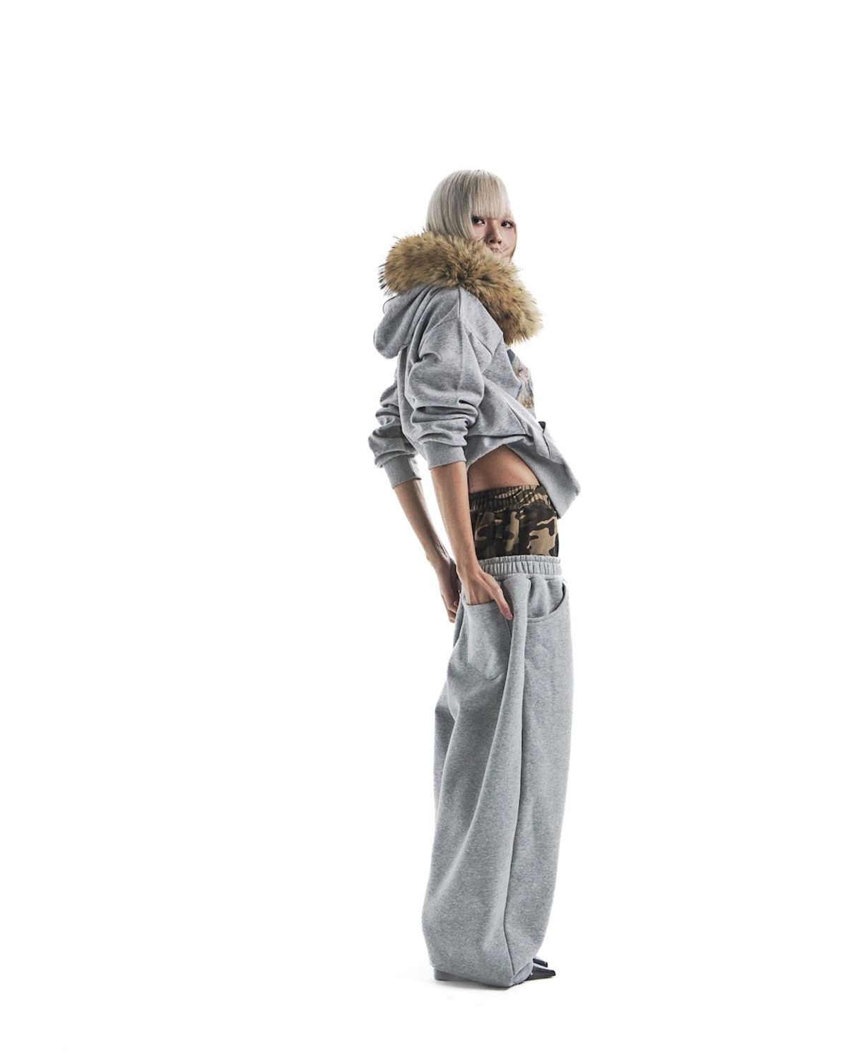 카이야(KAIYA) sheena camo layered pants - gray
