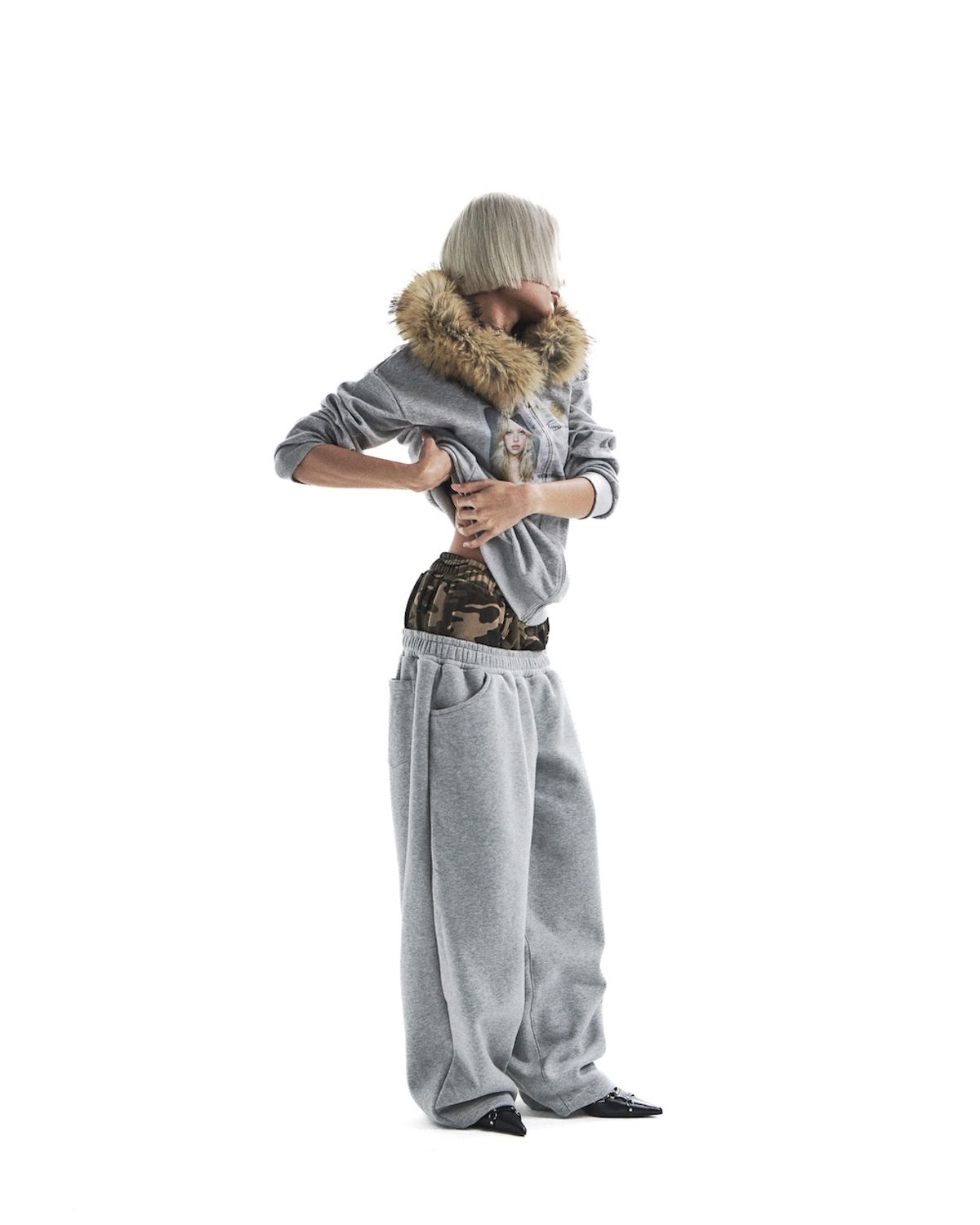 카이야(KAIYA) sheena camo layered pants - gray