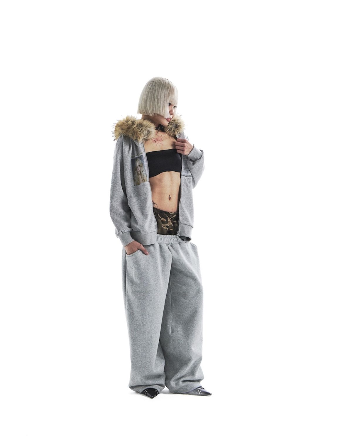 카이야(KAIYA) sheena camo layered pants - gray