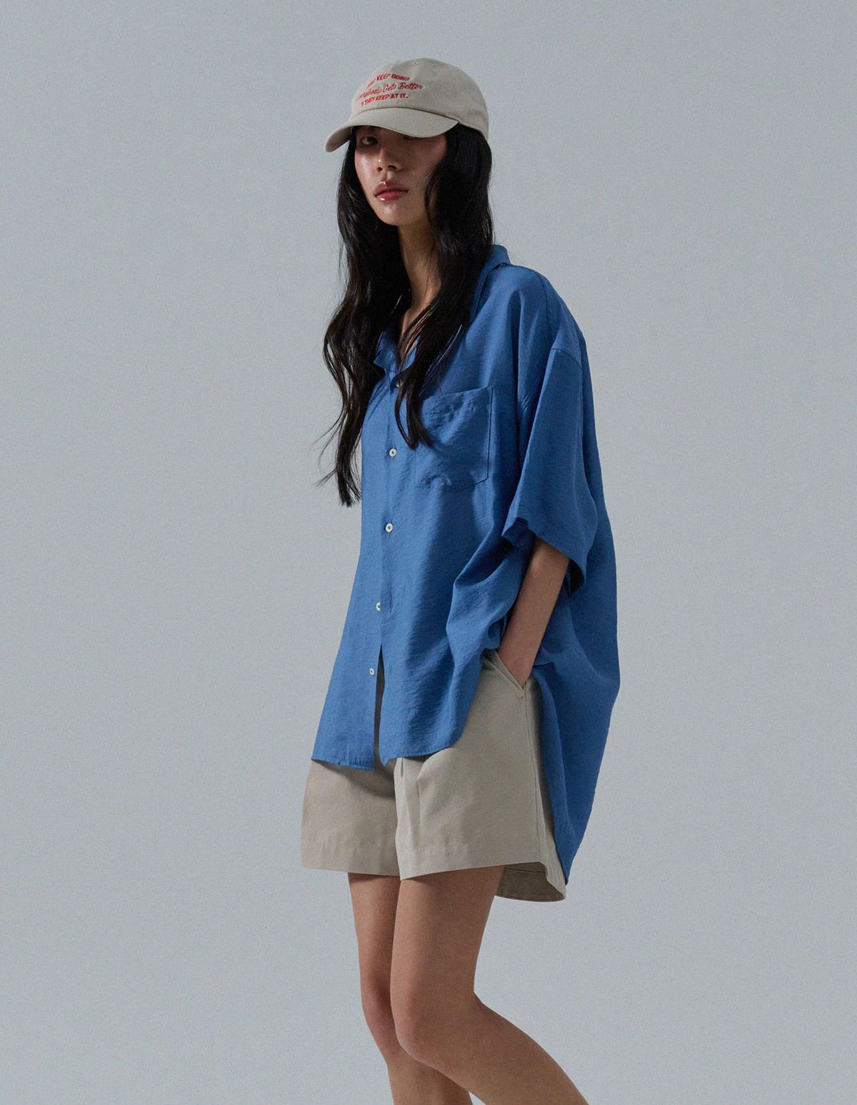 네일비(NEILBE) 오픈칼라 실키드 린넨셔츠 [blue]