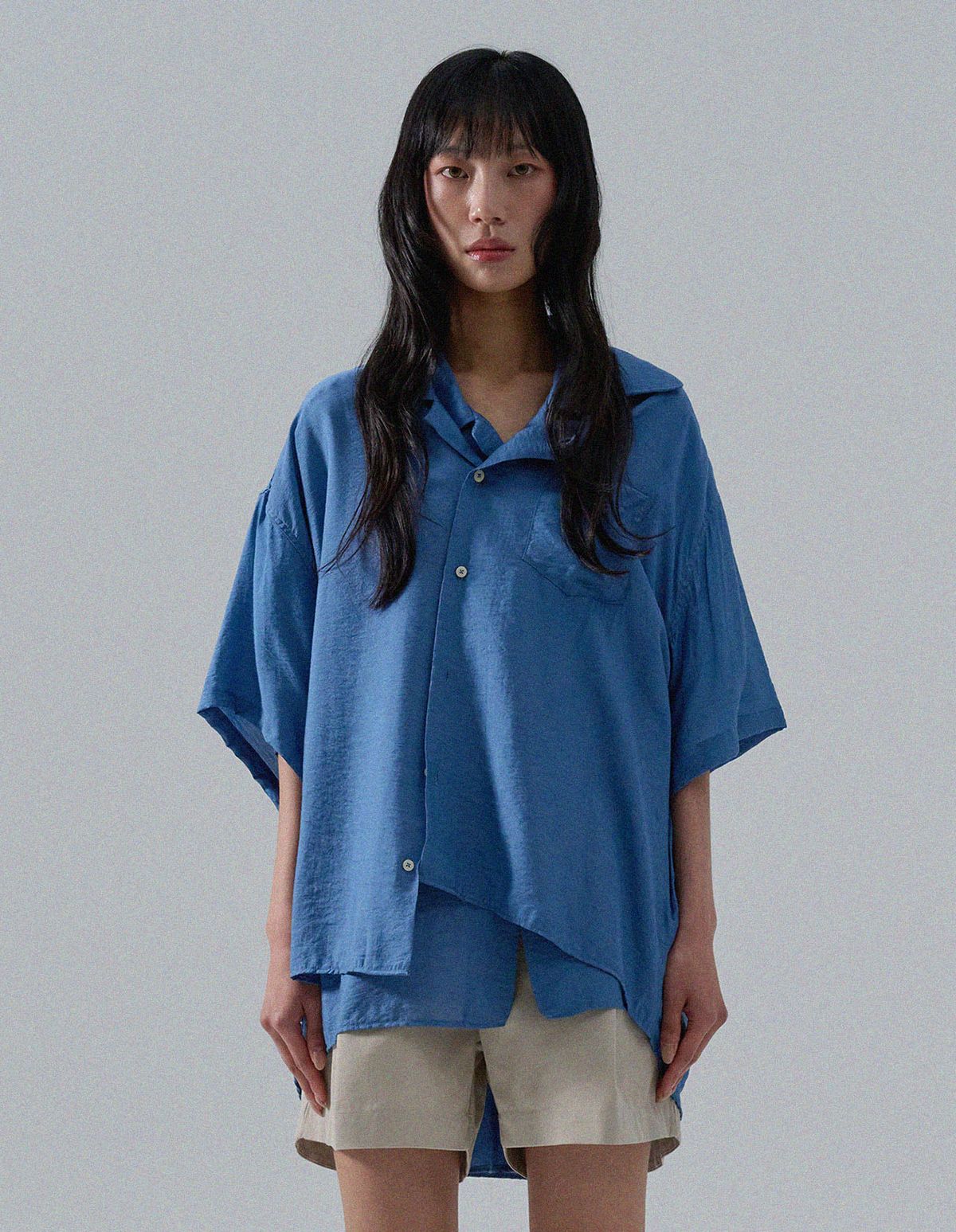 네일비(NEILBE) 오픈칼라 실키드 린넨셔츠 [blue]