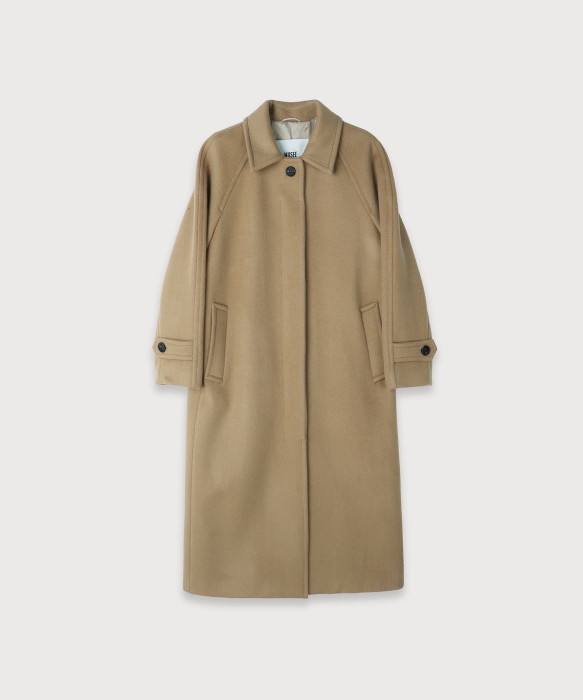 뮤제(MUSEE) NOIR Belted Balmacaan Merino Wool Coat_Camel