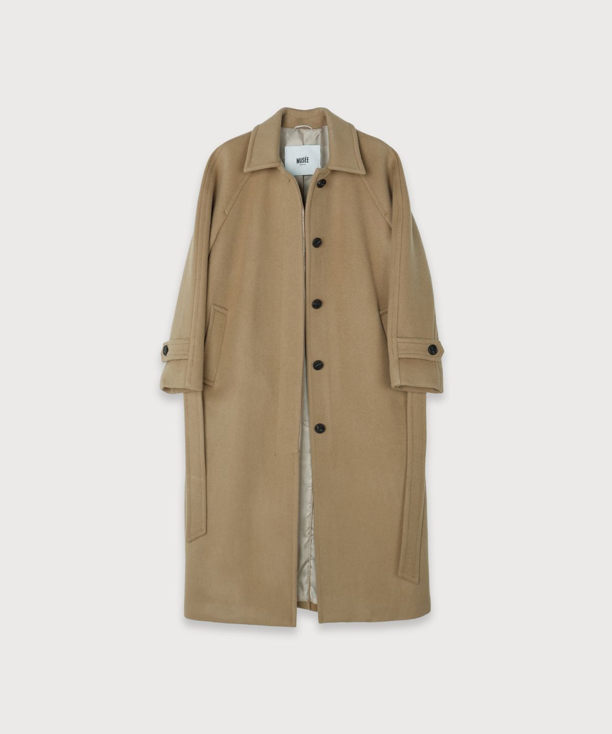 뮤제(MUSEE) NOIR Belted Balmacaan Merino Wool Coat_Camel