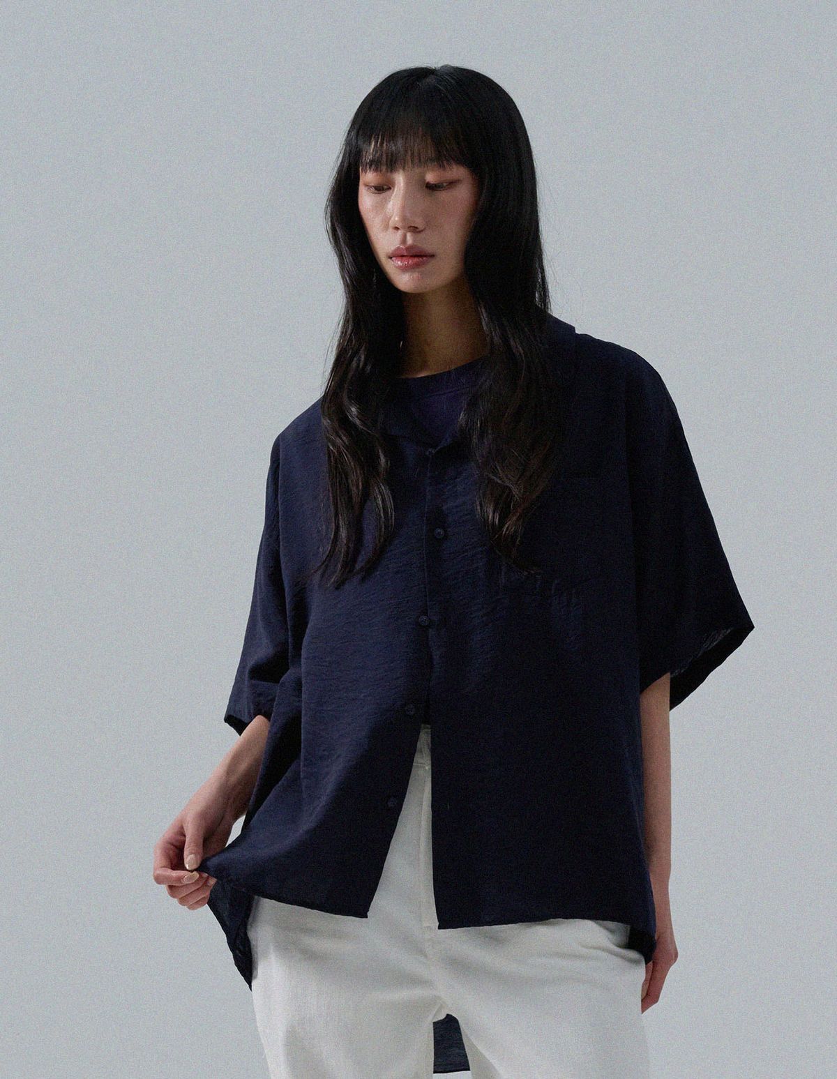 네일비(NEILBE) 오픈칼라 실키드 린넨셔츠 [d,navy]