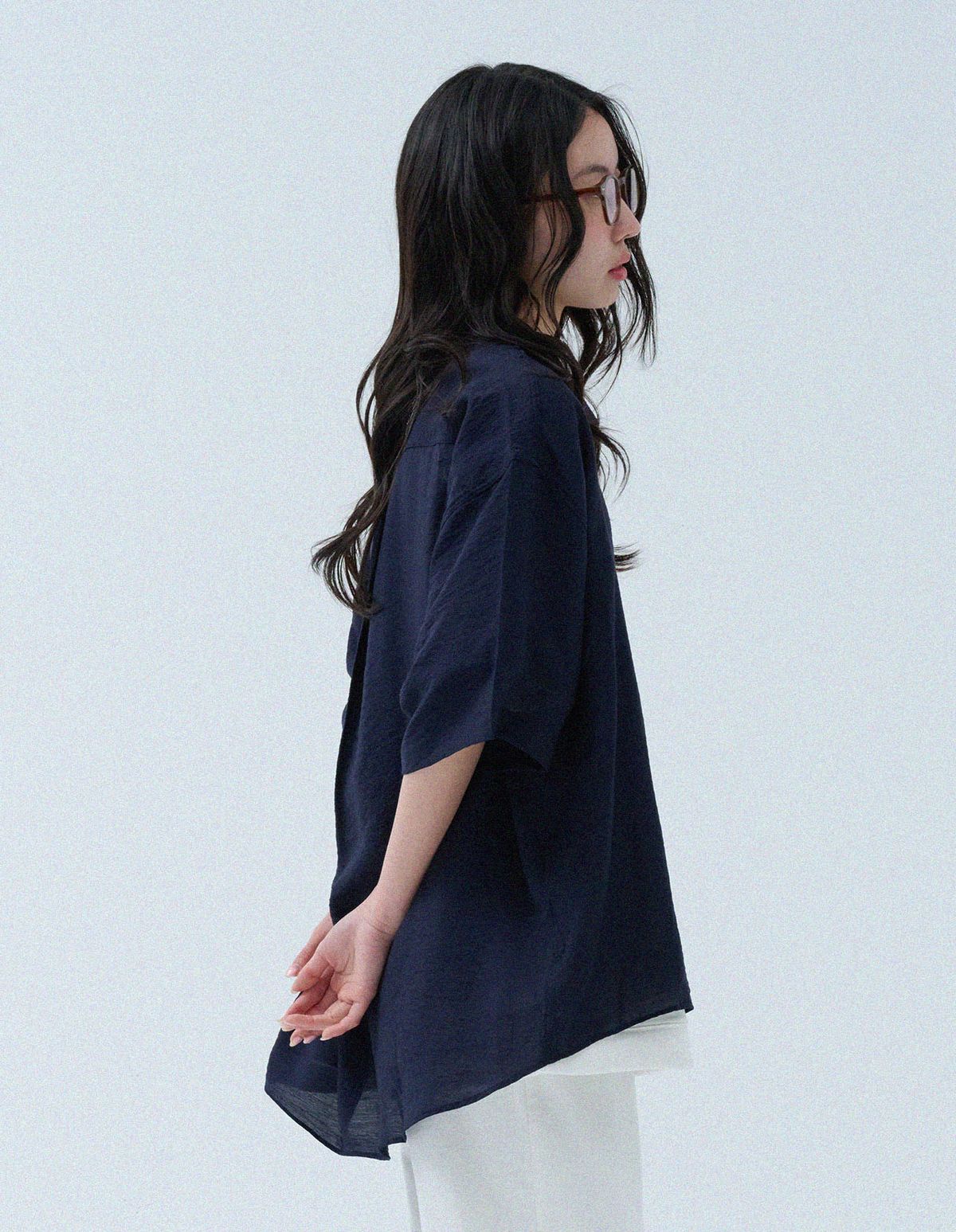 네일비(NEILBE) 오픈칼라 실키드 린넨셔츠 [d,navy]