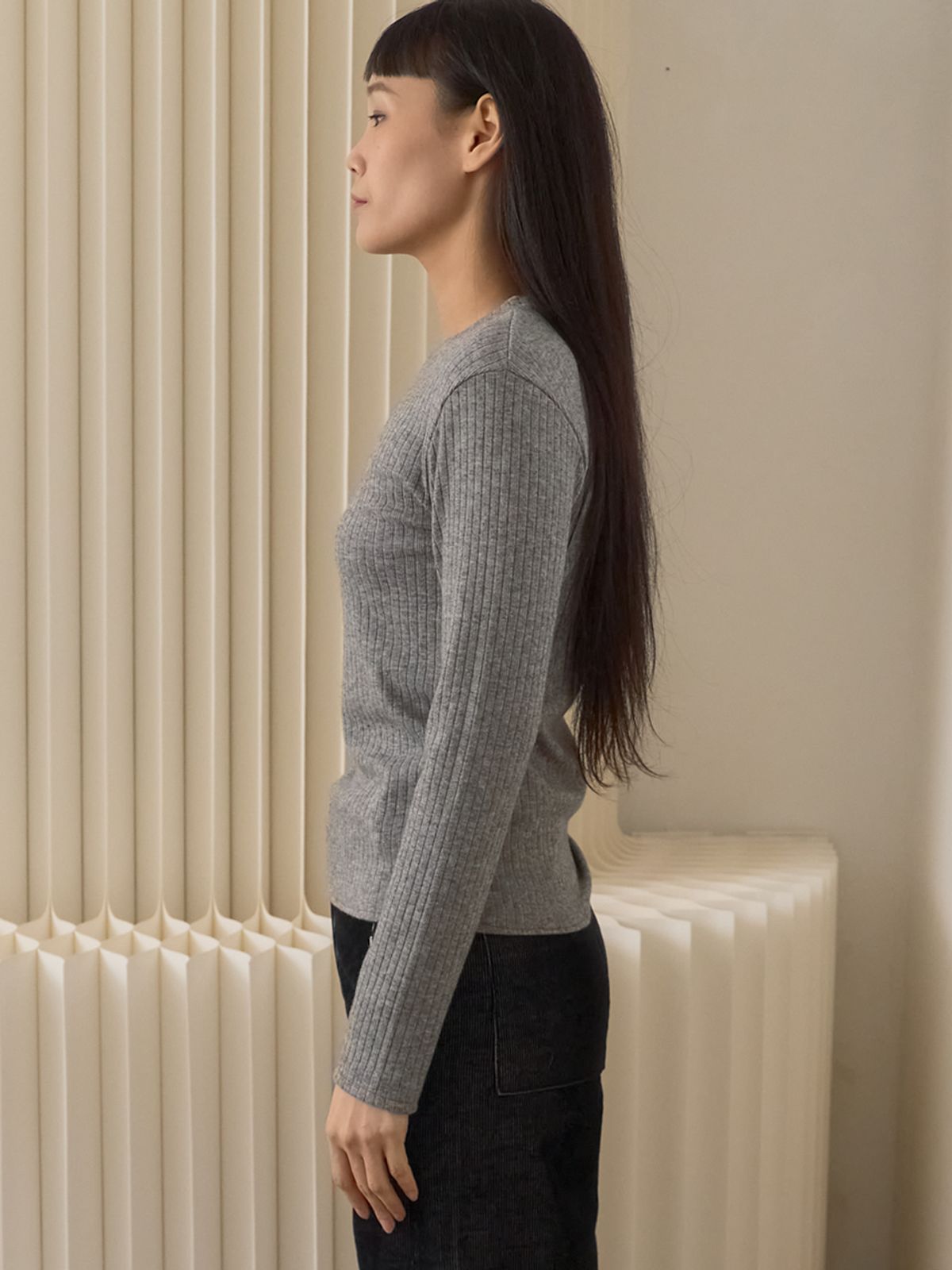 쏘리, 투 머치 러브(SORRY, TOO MUCH LOVE) Fine Rib Long Sleeve Top_Gray