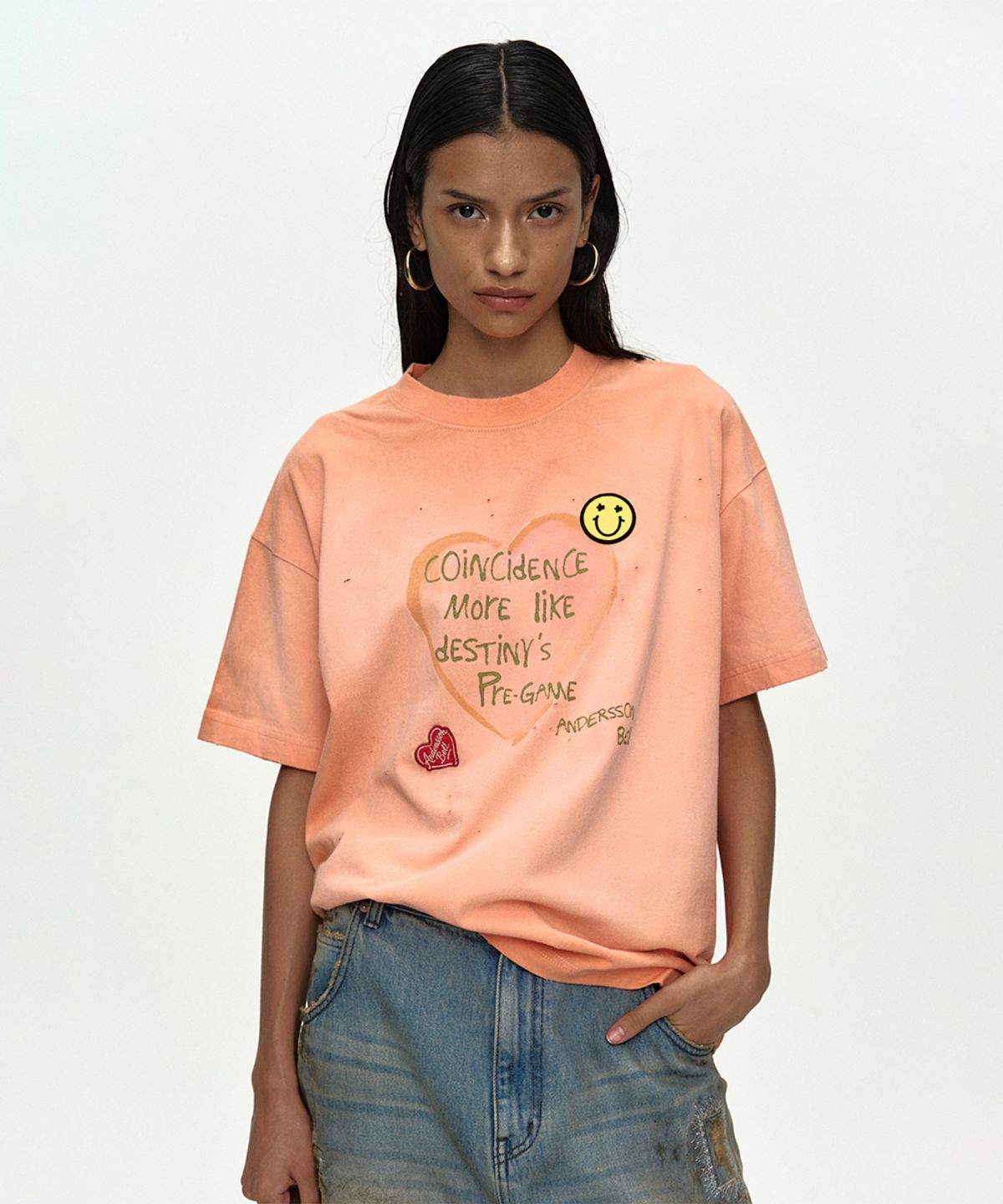 앤더슨벨(ADSB ANDERSSON BELL) (ESSENTIAL) UNISEX SPRAY WASHED HEART MESSAGE T-SHIRT atb1432u(ORANGE)