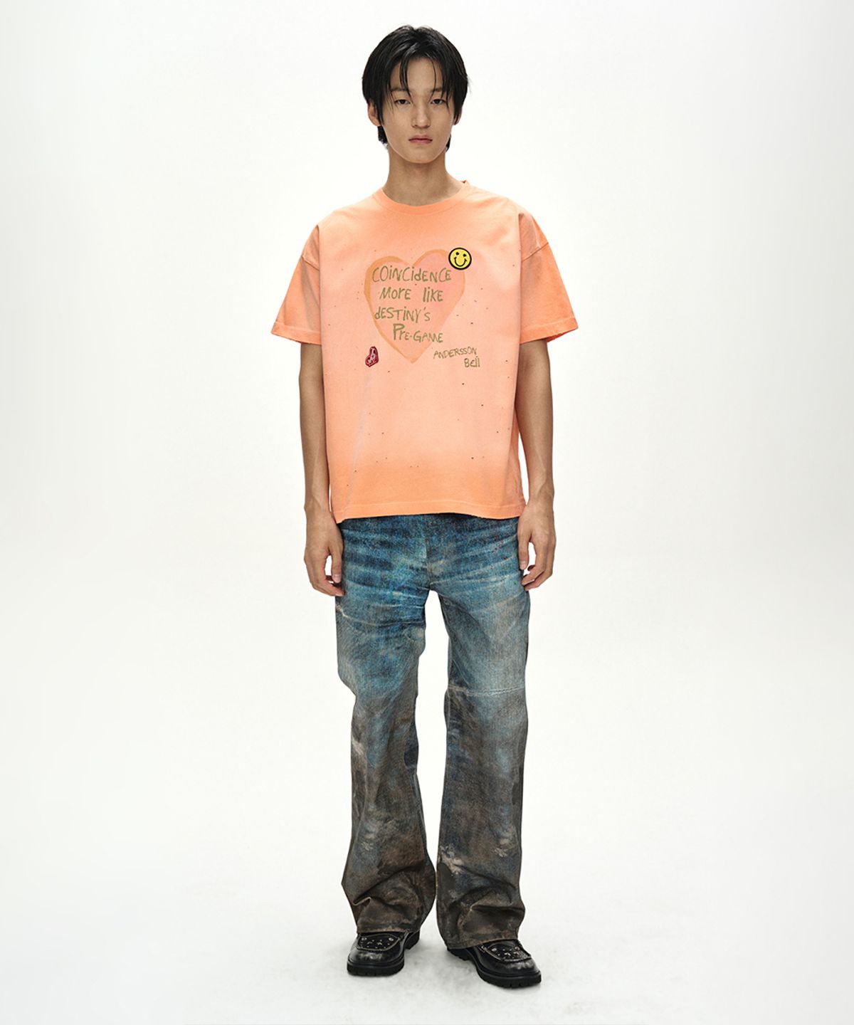 앤더슨벨(ADSB ANDERSSON BELL) (ESSENTIAL) UNISEX SPRAY WASHED HEART MESSAGE T-SHIRT atb1432u(ORANGE)