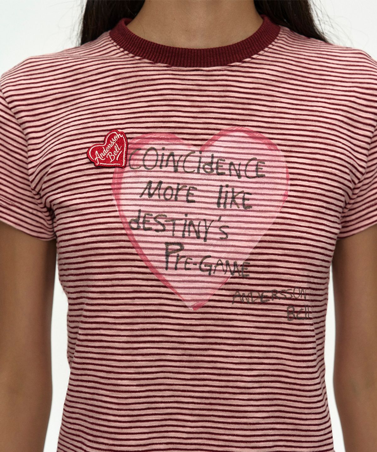 앤더슨벨(ADSB ANDERSSON BELL) (ESSENTIAL) HEART MESSAGE STRIPE T-SHIRT atb1465w(PINK/WINE)