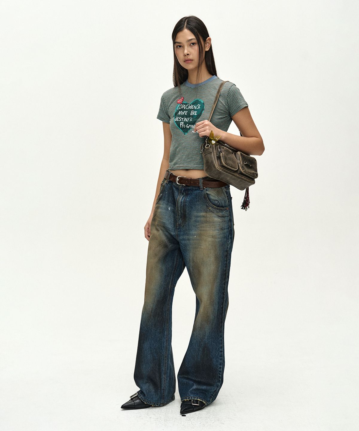 앤더슨벨(ADSB ANDERSSON BELL) (ESSENTIAL) HEART MESSAGE STRIPE T-SHIRT atb1465w(CHOCO/MINT)