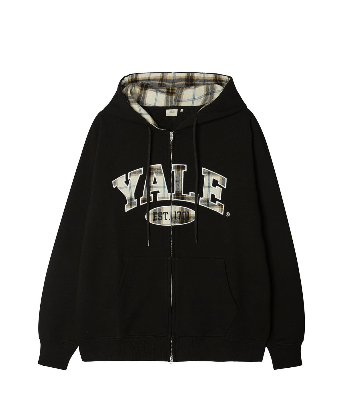 예일(YALE) 체크 투톤아치 후드집업_블랙
