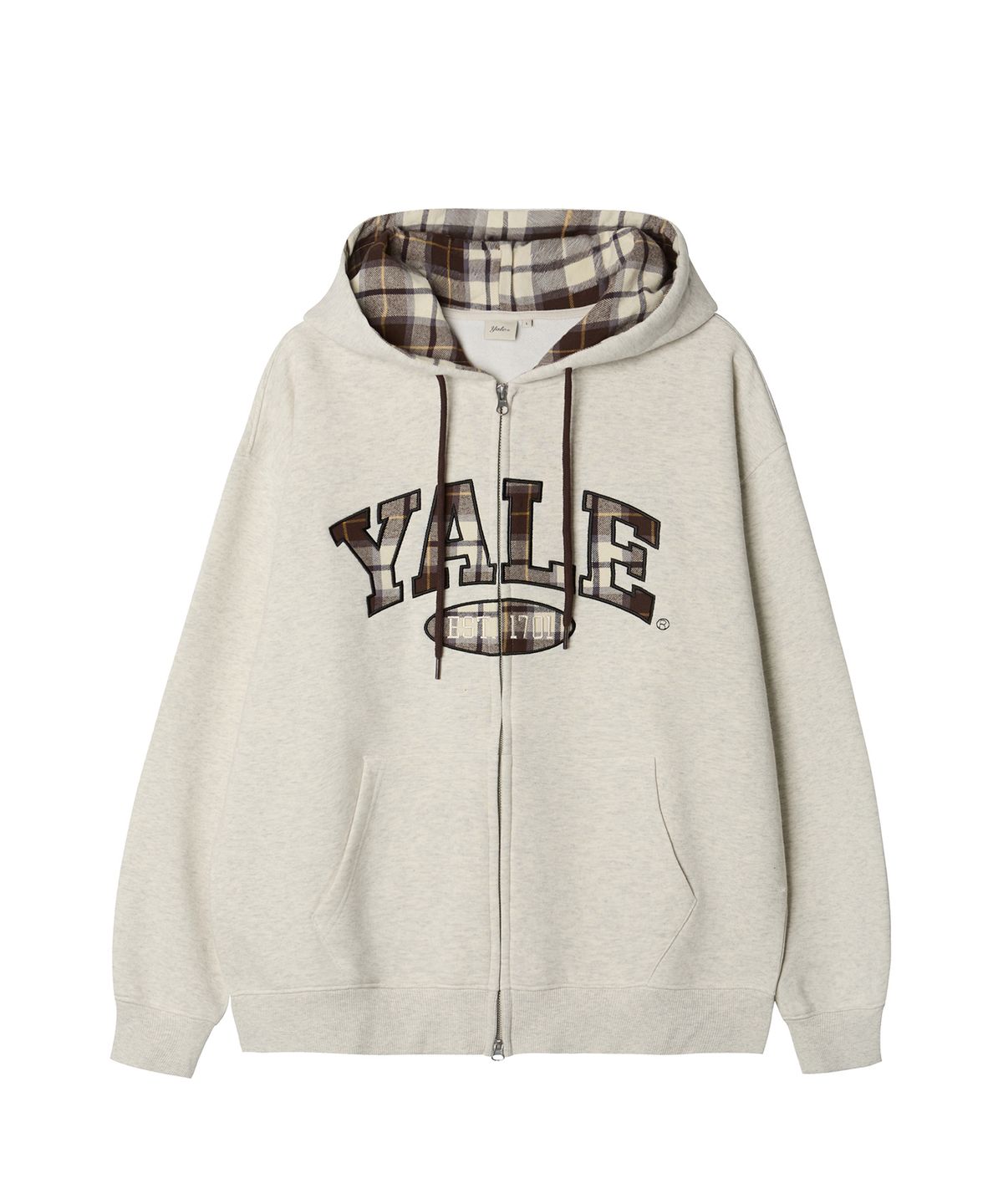 예일(YALE) 체크 투톤아치 후드집업_오트밀