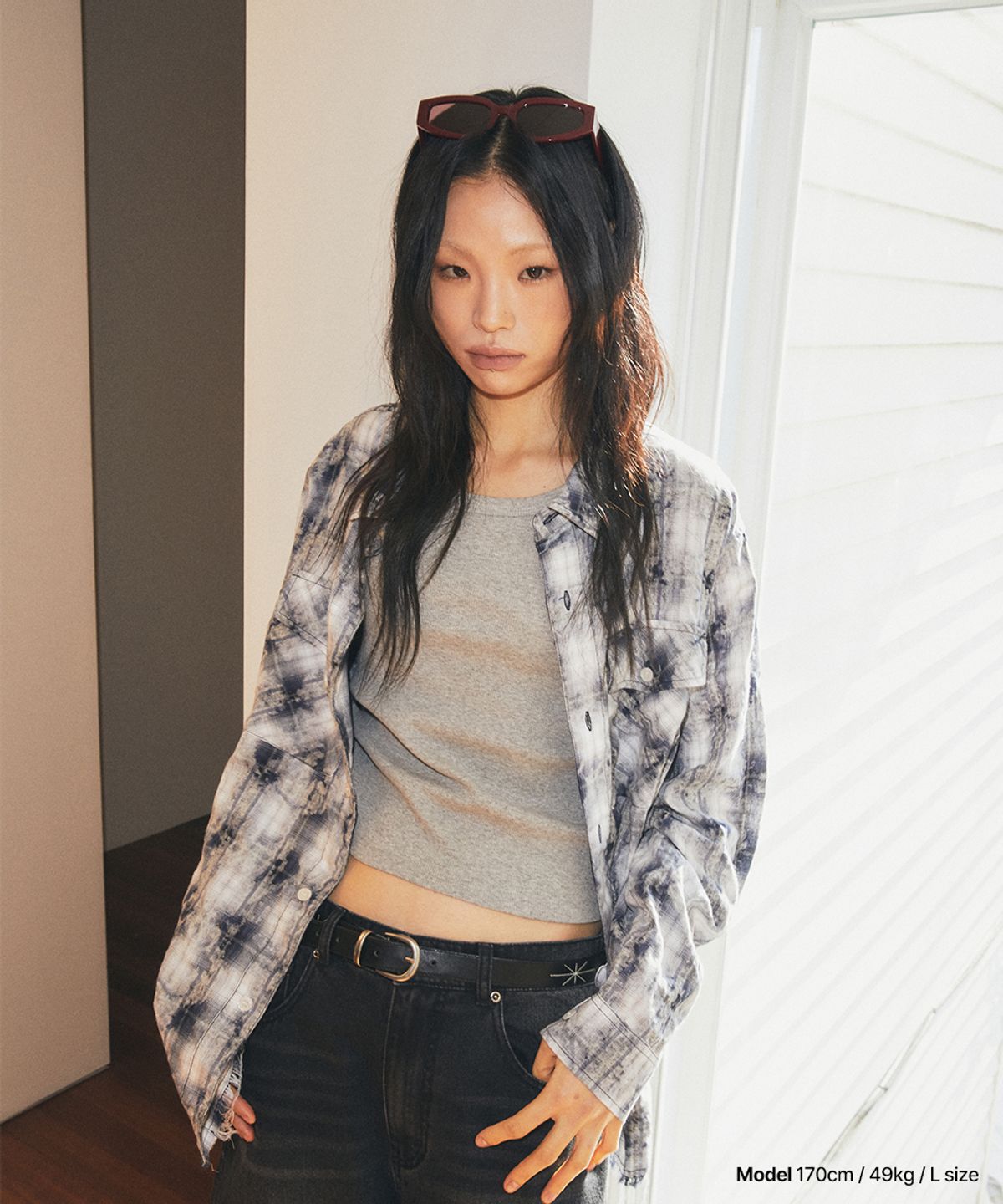 마하그리드(MAHAGRID) BLEACHED RAW-CUT CHECK SHIRT NAVY(MG2GSMW320A)