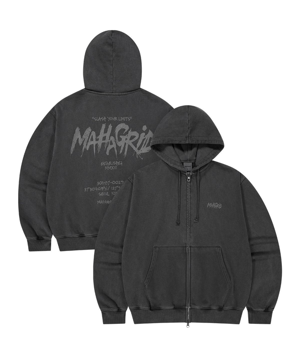 마하그리드(MAHAGRID) SLASH LOGO PIGMENT ZIP UP HOODIE CHARCOAL(MG2FFMM491A)
