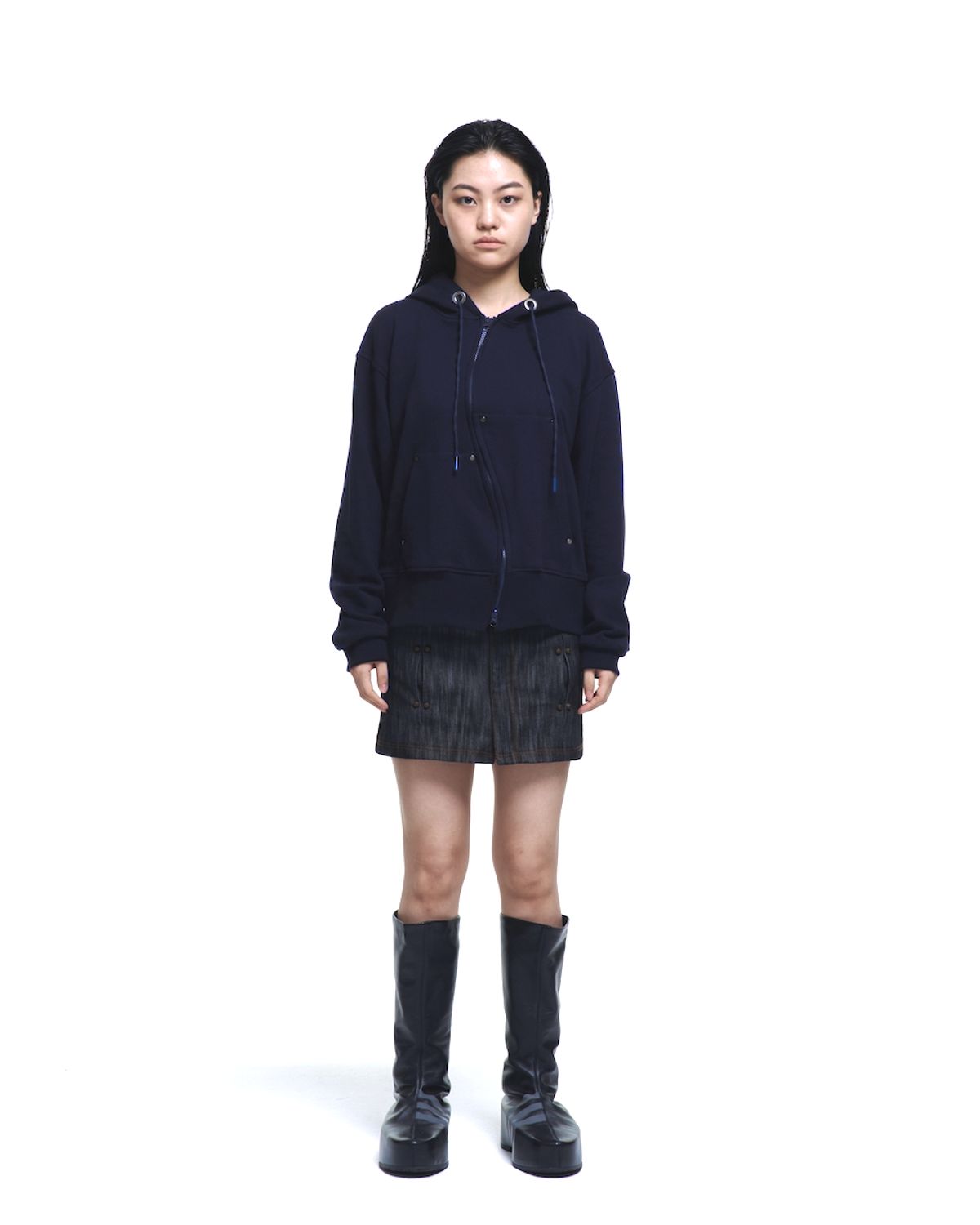 에르 바이 에러리스트(ERR BY ERRORIST) DISTORTION HOOD ZIP UP [NAVY]