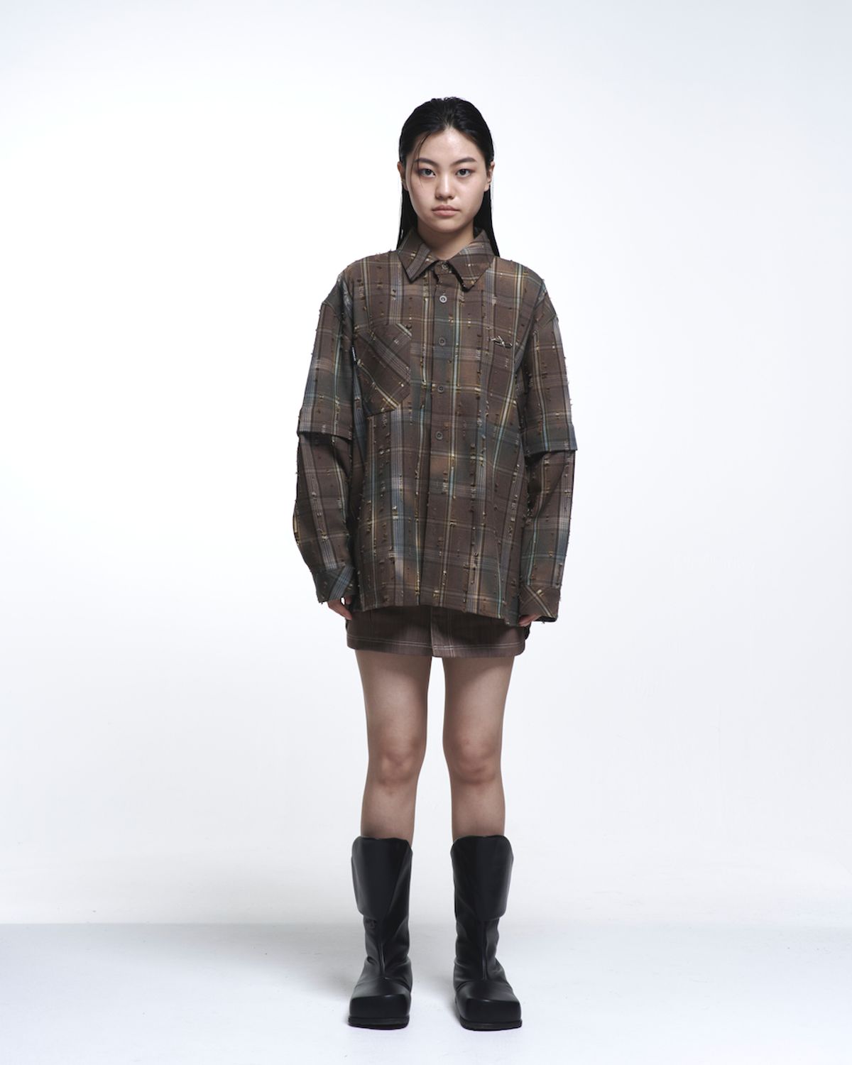 에르 바이 에러리스트(ERR BY ERRORIST) EMBLEM DETACHABLE CHECK SHIRTS [GLITCHED BROWN]