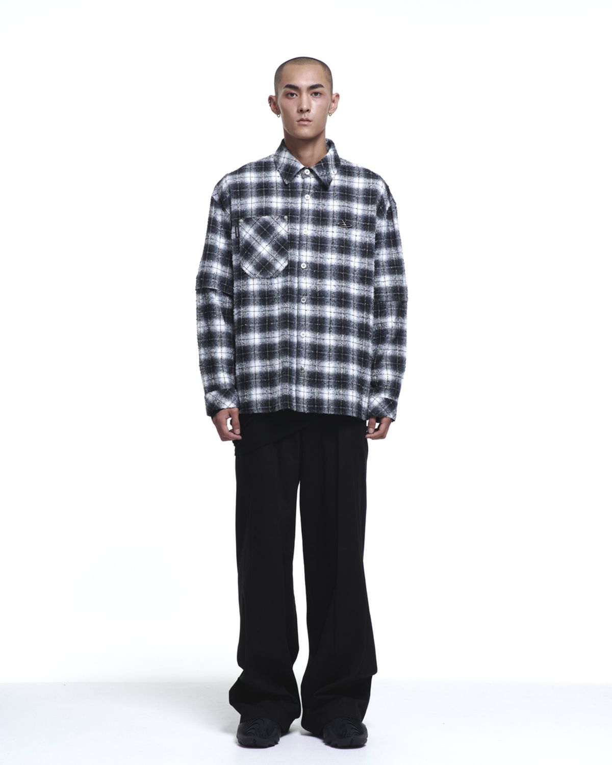 에르 바이 에러리스트(ERR BY ERRORIST) EMBLEM DETACHABLE CHECK SHIRTS [GLITCHED BLACK]