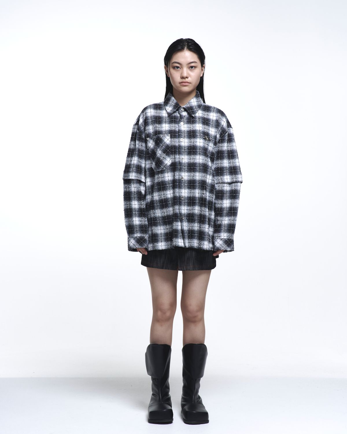에르 바이 에러리스트(ERR BY ERRORIST) EMBLEM DETACHABLE CHECK SHIRTS [GLITCHED BLACK]